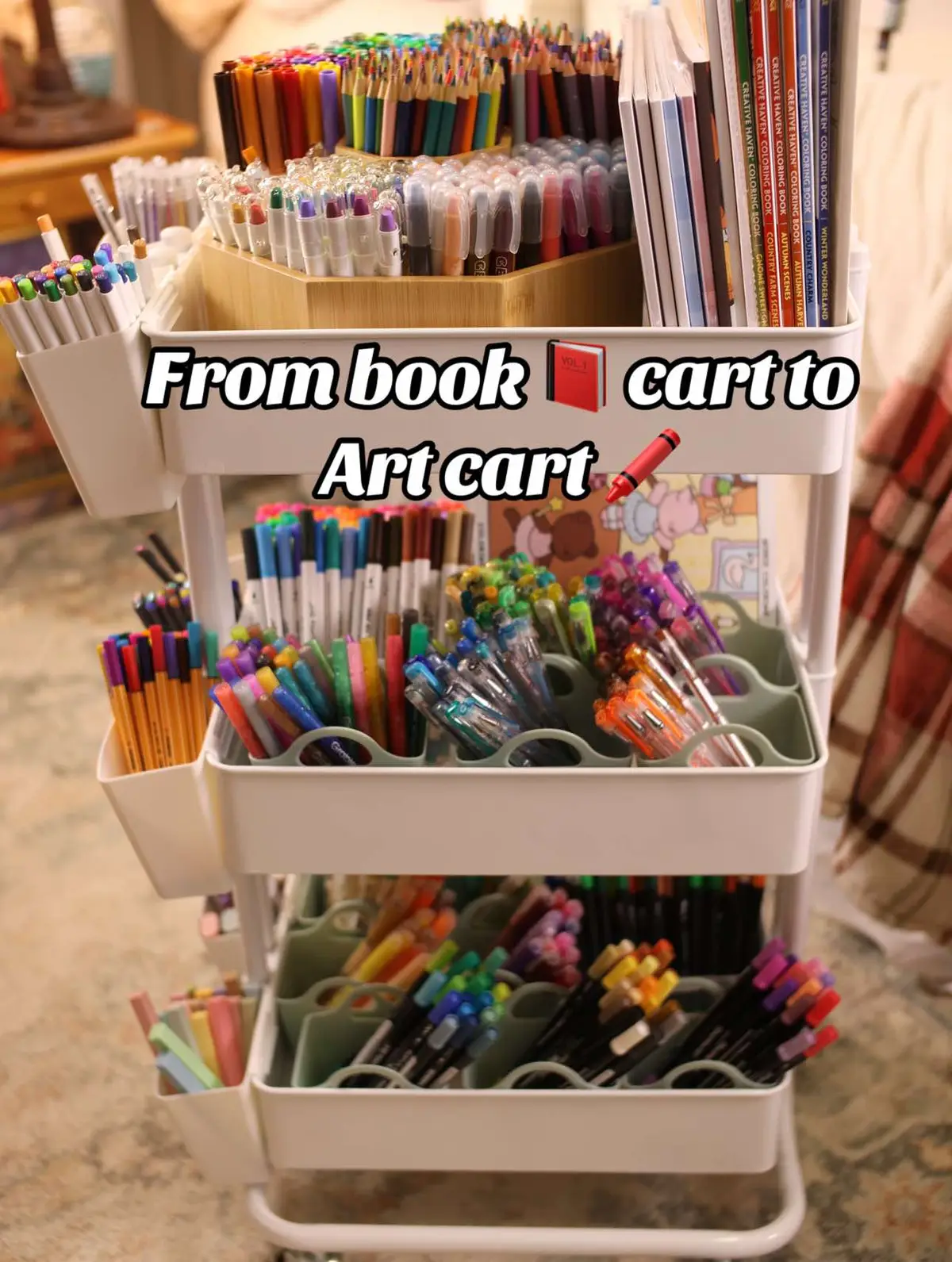 I made an art cart to heal my inner child 🥹🫶🏾 all my containers are from dollar tree except the bamboo lazy susan and cups on the side. Those are from the Zon #colortok #coloringbook #coloring #bookcart 