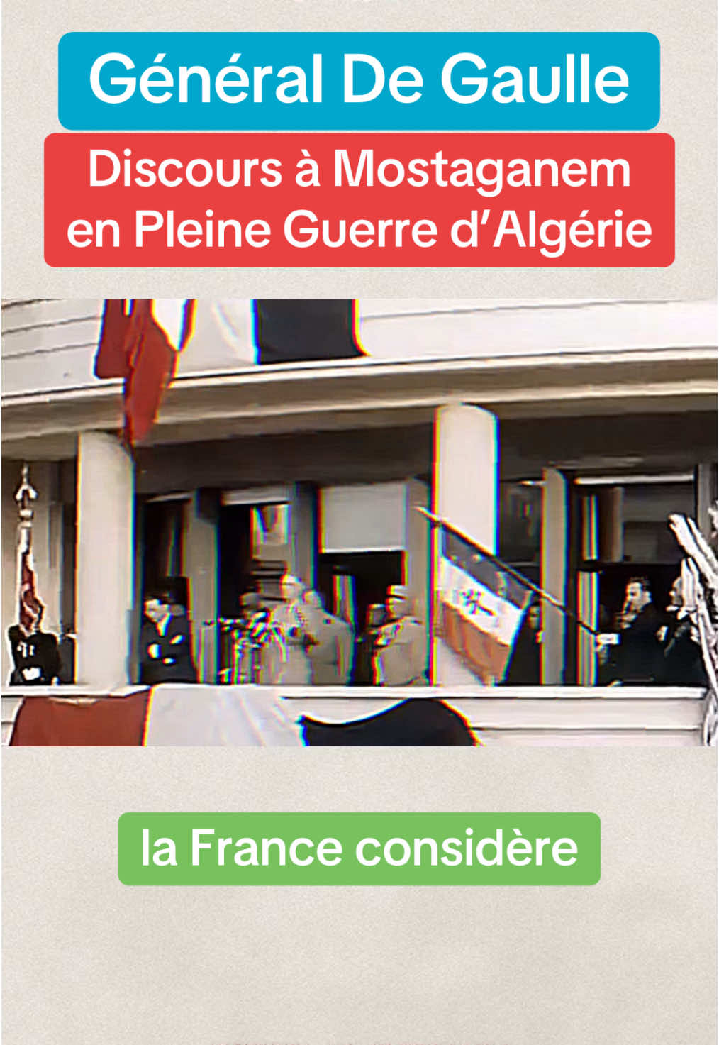 Charles de Gaulle, dans son discours du 3 octobre 1958 à #Mostaganem, en pleine guerre d’#Algérie, affirme une vision ambitieuse en déclarant que tous les habitants de l’Algérie sont des « #Français à part entière », avec les mêmes #droits et #devoirs. Cette prise de position vise à apaiser les tensions entre les différentes #communautés et à promouvoir une #égalité républicaine. Il annonce trois priorités majeures : #ouvrir les voies jusque-là fermées à une partie de la population, notamment sur le plan des #opportunités ; donner les #moyens de vivre décemment à ceux qui en étaient privés ; et reconnaître la #dignité des habitants dont elle était souvent niée. Cependant, ce discours reste marqué par son #ambiguïté. Si certains y voyaient une tentative sincère d’#intégration et de réforme, d’autres le percevaient comme une stratégie pour maintenir l’Algérie dans le giron français, alors que les revendications d’#indépendance se faisaient de plus en plus fortes. Malgré ces promesses, la guerre se poursuit jusqu’en 1962, aboutissant à l’#indépendance de l’Algérie. Ce discours demeure néanmoins un moment symbolique des efforts pour répondre aux aspirations des peuples dans une époque de profonds #bouleversements. #Guerre #Politique #Histoire #France