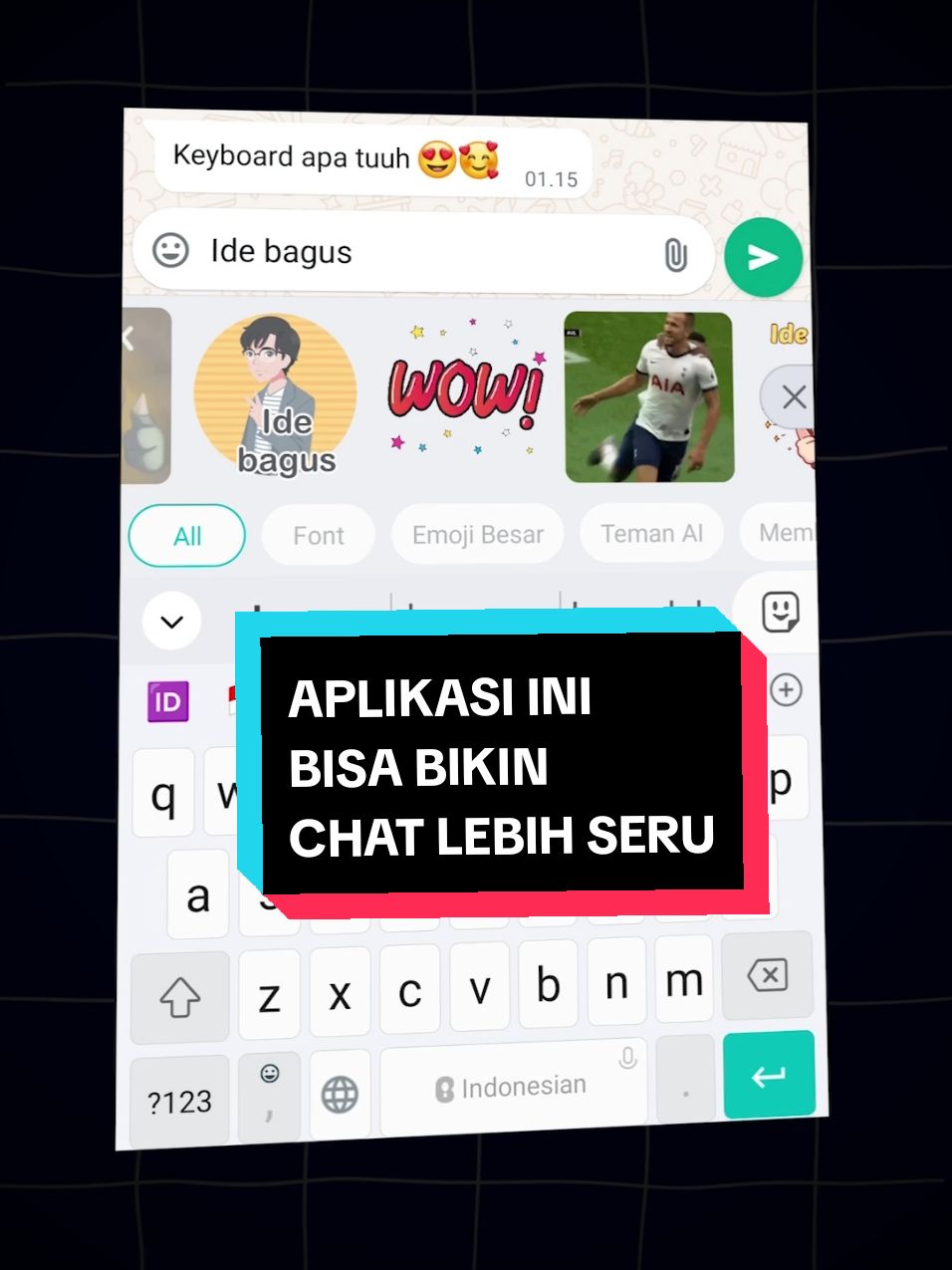 Kalian pernah ngerasa bosen pas lagi chat? Cobain aplikasi ini biar lebih seru... Nama aplikasinya Bobble AI Keyboard. Aplikasi yang bisa bikin keyboard kamu lebih lengkap daripada yang lain. Aplikasi ini sudah tersedia di Play Store dan Apps Store Buat kalian yang pengin coba, kalian bisa komen 