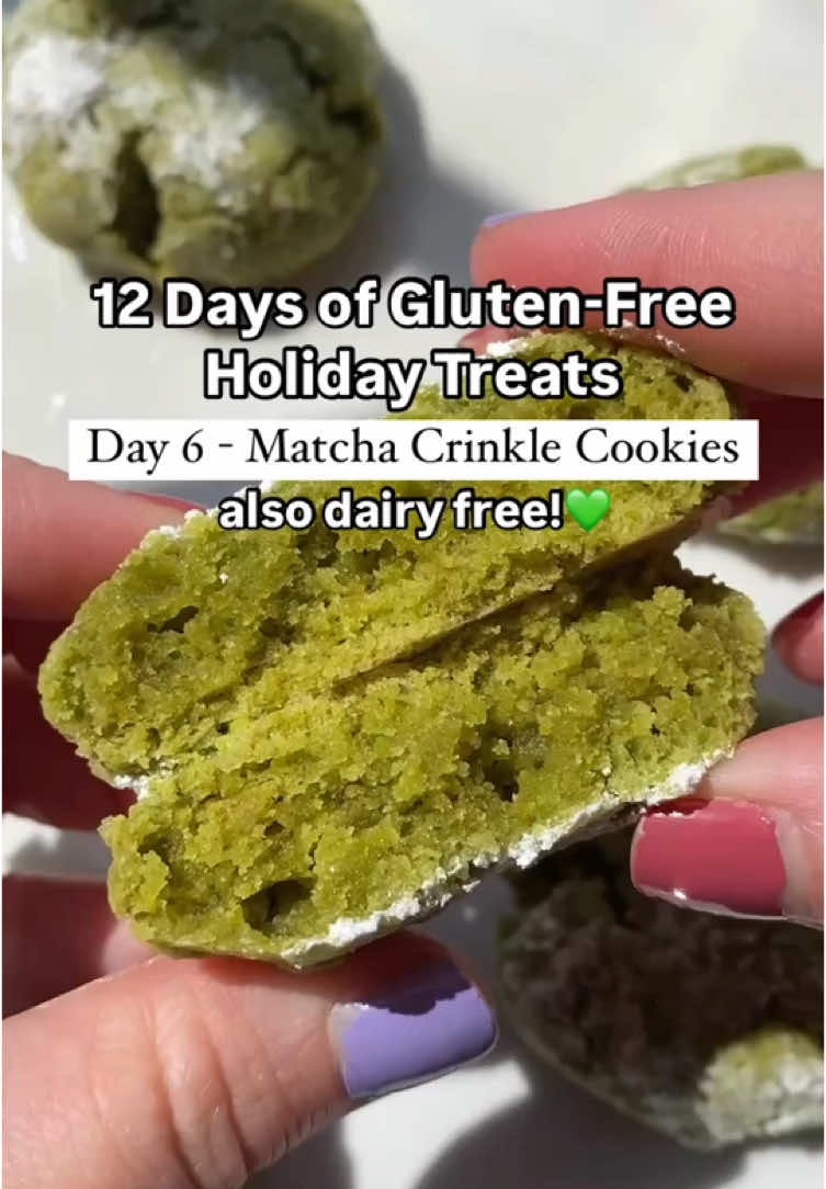 Matcha Crinkle Cookies 🍵💚 (gluten free and dairy free) These are perfectly green for the holidays! Here’s what you need: 2 tbsp culinary matcha 2 cup gluten free flour 1 cup sugar 1 tsp baking powder 1/8 tsp baking soda 1/2 tsp salt 1/2 cup vegan butter, room temp 2 eggs toppings: 1/4 cup cane sugar + 1/2 cup powdered sugar Sift the matcha into the flour, then set aside. Mix sugar, baking powder, baking soda, salt and butter until creamy. Then add eggs and mix well. Slowly pour in flour mixture and mix together. If the dough is too dry, add a little splash of water or non-dairy milk. Roll into balls and set aside.  Grab two bowls and put the cane sugar and powdered sugar in each. Dip the dough balls into the cane sugar, then powdered sugar. Place on a baking sheet with parchment paper and bake at 350 for 10-15 min until the bottoms are golden. Let cool for at least 15 minutes then enjoy! #matchacookies #crinklecookies #glutenfreecookies #glutenfree #glutenfreedessert #glutenfreeeats #christmascookies #glutenfreechristmascookies 