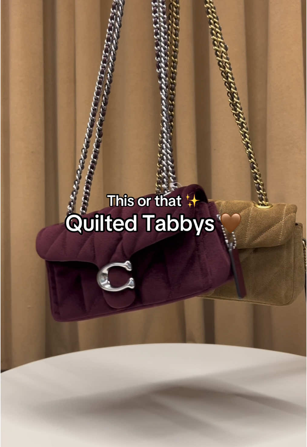 We can’t decide which ones our favourite 😩 let us know yours in the comments 💞 Shop our collection of quilted tabbys from @Coach now via our TikTok shop or the link in our bio ✨ #PartySeason #officehandbag #LuxuryHandbag #whatsinmybag #AffordableLuxury #quiltedtabby20 #suedehandbag #thisorthat #girlies #girliememes #trendingstyle 