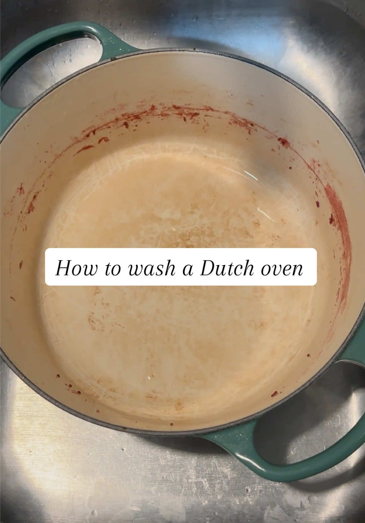 How to clean your dutch oven. #lecreuset #lecreusettiktok #cleaning #dutchoven #cleaningdutchoven #cleanaesthetic #kitchentips #cleaninghacks #tipsandtricks #lifehacks #simmerpot 