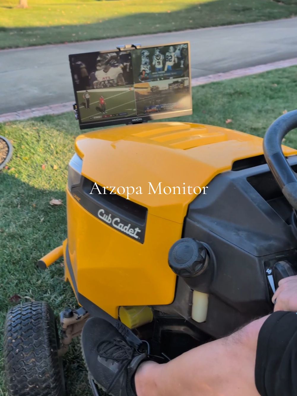 I bet you've never seen an Arzopa monitor used like this 😆. That's some redneck engineering! Watching football games while mowing 💯 #Arzopa #Monitor #Portable #Sportsfan #dadsoftiktok #tiktokshopholidayhaul 