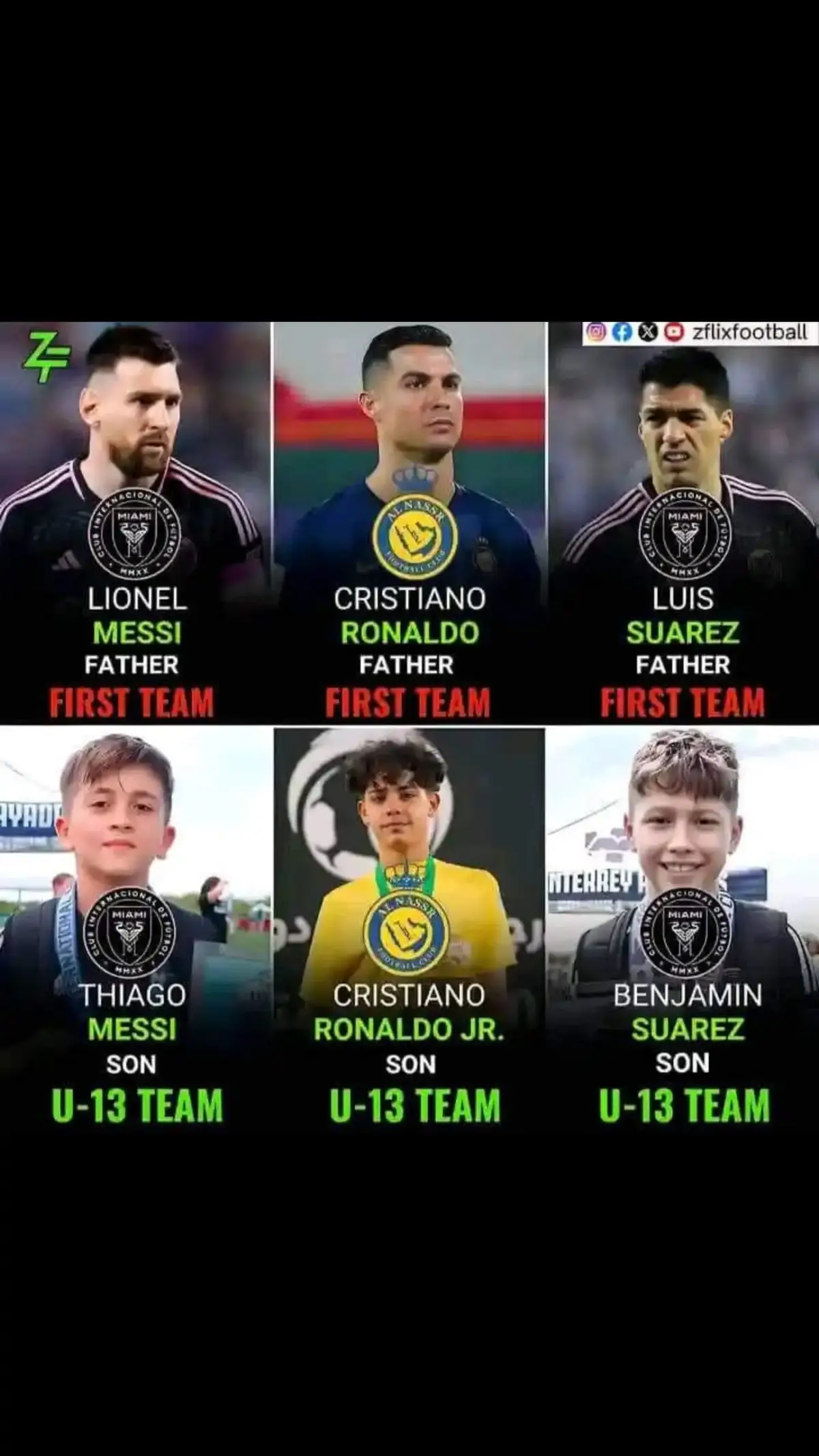 Amazing Father-son playing at the same club : Lionel Messi and Thiago Messi Inter Miami. Cristiano Ronaldo and Cristiano jr Al-Nassr Luis Suárez and Benjamin Suarez Inter Miami 👀🥶 #fyp #football 