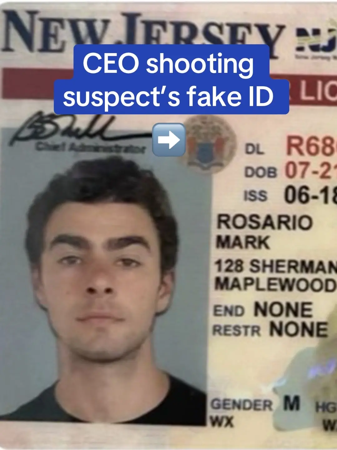 This was one of the fake IDs found on UnitedHealthcare CEO shooting suspect Luigi Mangione, 26, when he was arrested. Mangione used the New Jersey ID to check into the hostel he stayed in when he visited New York City to allegedly gun down the CEO. Read the full story on DailyMail.com.  #news #breakingnews #crime #ceo 