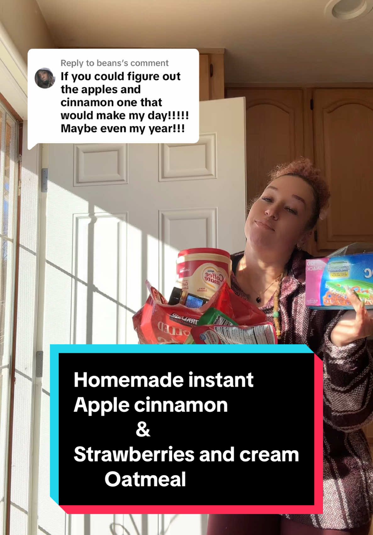 Replying to @beans have no fear Jess is here😂🤤you can basically use any freeze dried fruit to make any type of oatmeal you would like to make. The fun part is that all these ingredients are shelf stable so you can pre-make them if you have a busy lifestyle and now you have an instant oatmeal! Hope I made your day❣️ 🍏Apple cinnamon:  ✨Oats ✨Freeze dried apples  ✨Cinnamon  ✨sugar 🍓strawberries & cream: ✨Oats ✨Freeze dried strawberries  ✨Coffee creamer (or skip and add cream after you make your oatmeal! ✨sugar  No real recipe, so put however much you want to suit your own taste buds!   #oatmeal #homemade #prep #breakfastideas #lowcalorie #quickandeasyrecipe #healthierchoices #healthyrecipes #ingredientsmatter #cinnamon #apple #strawberriesandcream 