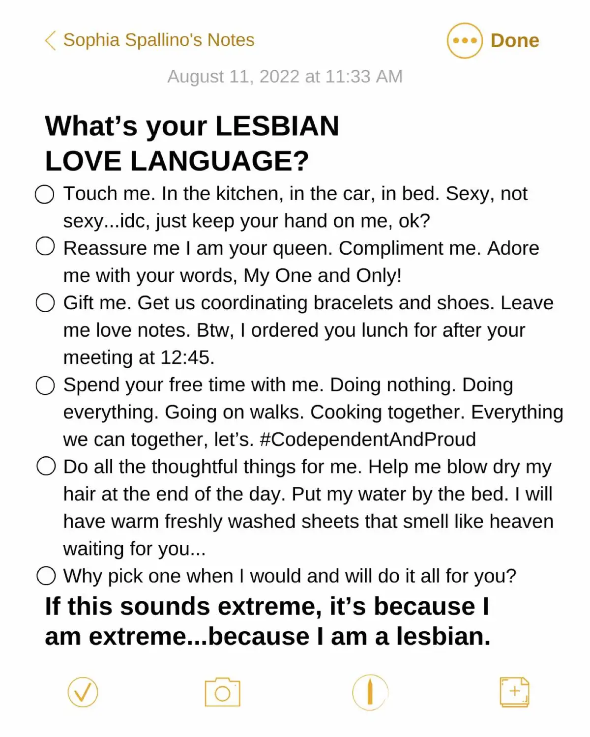 All of them. Every single 5 out of the 5. There’s nothing wrong with that.  💅 It’s called having standards, Ladies.  If you’re a giver, you gotta find yourself a giver, a lesbian lover who is “all in”…mind-body-soul-all-in… 🌈 Someone ready to settle down with ONE WIFE FOR LIFE… If that’s what you want, and you want my help finding her… Comment or DM “APPLY” on IG now to get access to my lesbian dating platform, exclusively for wlw desiring lifelong partnership. ♥️ #verydemure #wlw #LoveIsLove #lesbiandating #sapphic #lesbians #5lovelanguages 