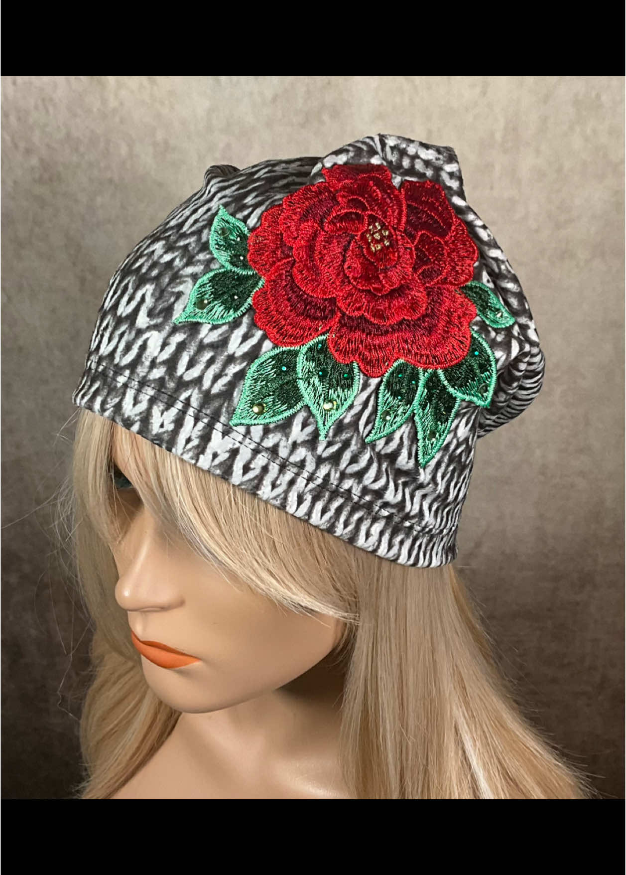 New Arrival Black and White Sweater Knit Print Slouchy Beanie with Flower Applique Made of stretch velour Perfect Fall Beanie DeZeStar #hair #accessories #cool #edgy #boho #slouchy #cap #red #flower #embellsihed #applique #limitedediton #newarrival #rhinestone #accents #print #cap #onlineshop #fall #holiday #warm #handmade #giftideas #aotd #Love #dezestar