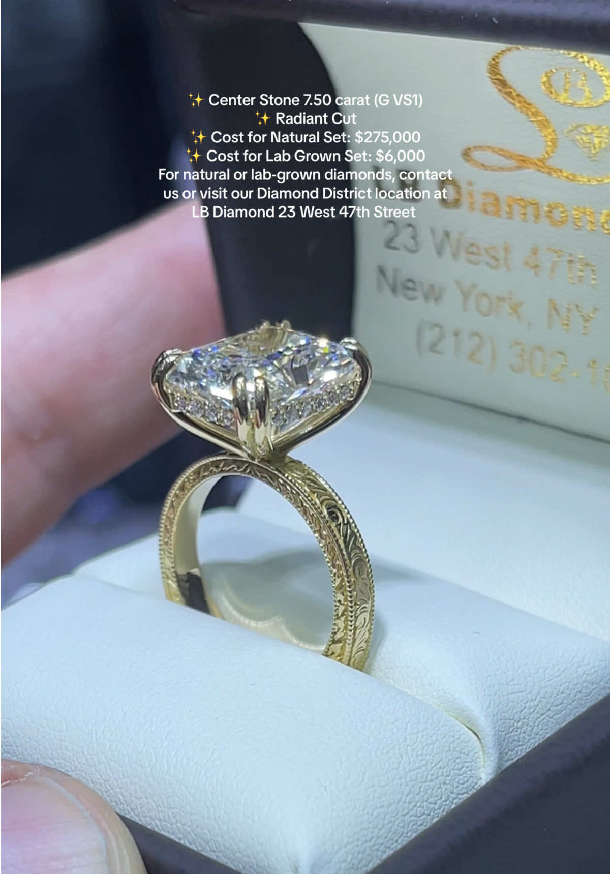 ✨ Center Stone 7.50 carat (G VS1) ✨ Radiant Cut  ✨ Cost for Natural Set: $275,000 ✨ Cost for Lab Grown Set: $6,000 For natural or lab-grown diamonds, contact us or visit our Diamond District location at LB Diamond 23 West 47th Street  LB Diamond Inc.  23 West 47th Street Window Booth 19-21 New York, NY 10036 (212) 302-1030 Info@lbdiamond.com We specialize in GIA Certified Diamonds, Lab Grown Diamonds, Fine Diamond Jewelry, Engagement Rings, Eternity Bands and Special Orders  CONTACT US FOR MORE INFORMATION AND PRICING! #engagementring #engaged #diamondstuds #diamond #oneofakind #foryou #richlife #wedding  #nyc #rounddiamond #hiddenhalo #pearshape #diamondengagementring #radiantcut #labgrowndiamond #labdiamond #elongatedcushion