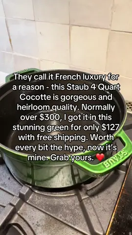 This stunning basil green 4 quart dutch oven by @STAUB USA is a culinary dream. Free shipping, $127 but colors are selling out fast. Makes a great gift too #castiron #dutchoven #staub #kitchenessentials #giftideas 