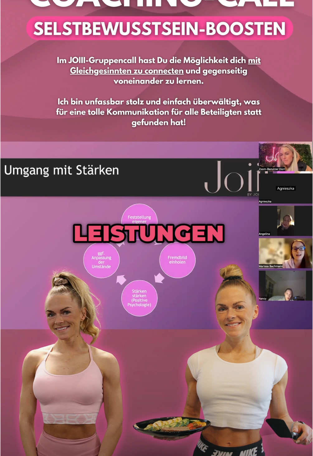 Ein kleiner Einblick in die monatlichen Joiii-Team-Calls mit meinen Coaching Klientinnen 👩🏼‍💻💗 In diesen trommle ich meine Klientinnen zusammen, um über ein Thema zu reden, das sie alle sehr beschäftigt 💭 Das kann zum Beispiel sein: 🥦 Ernährung 🕝 Zeitplanung 🏋🏼‍♀️ Training 🧘🏼‍♀️ Selbstbewusstsein ➡️ Meine Coaching-Klientinnen und auch ich selbst haben oftmals leider die Erfahrung machen müssen, dass wir nur wenig bis gar keine Unterstützung aus dem unmittelbaren Umfeld erhalten, wenn wir ein bestimmtes Ziel verfolgen 😞 Dabei ist soziale Unterstützung immens wichtig, um weiterhin mit viel Motivation und Power ein Ziel zu verfolgen ☝🏼💥 Unter anderem aus diesem Grund habe ich die Team-Calls ins Leben gerufen, damit wir uns zu einem bestimmten Thema austauschen und uns gegenseitig unterstützen können 😌🫂 Jede kann von ihren eigenen Erfahrungen zum Thema berichten, Tipps geben, Fragen stellen und Erfolge teilen 🌟 Der Team-Call ist für mich jedes Mal erneut ein kleines Highlight, auf das ich mich jeden Monat freuen kann 😇 Welche Themen würdest du denn gerne in so einem Team-Call besprechen? 🤔💖 #mindset #selbstbewusstsein #umfeld #joiiibyjohanniii #teamcall