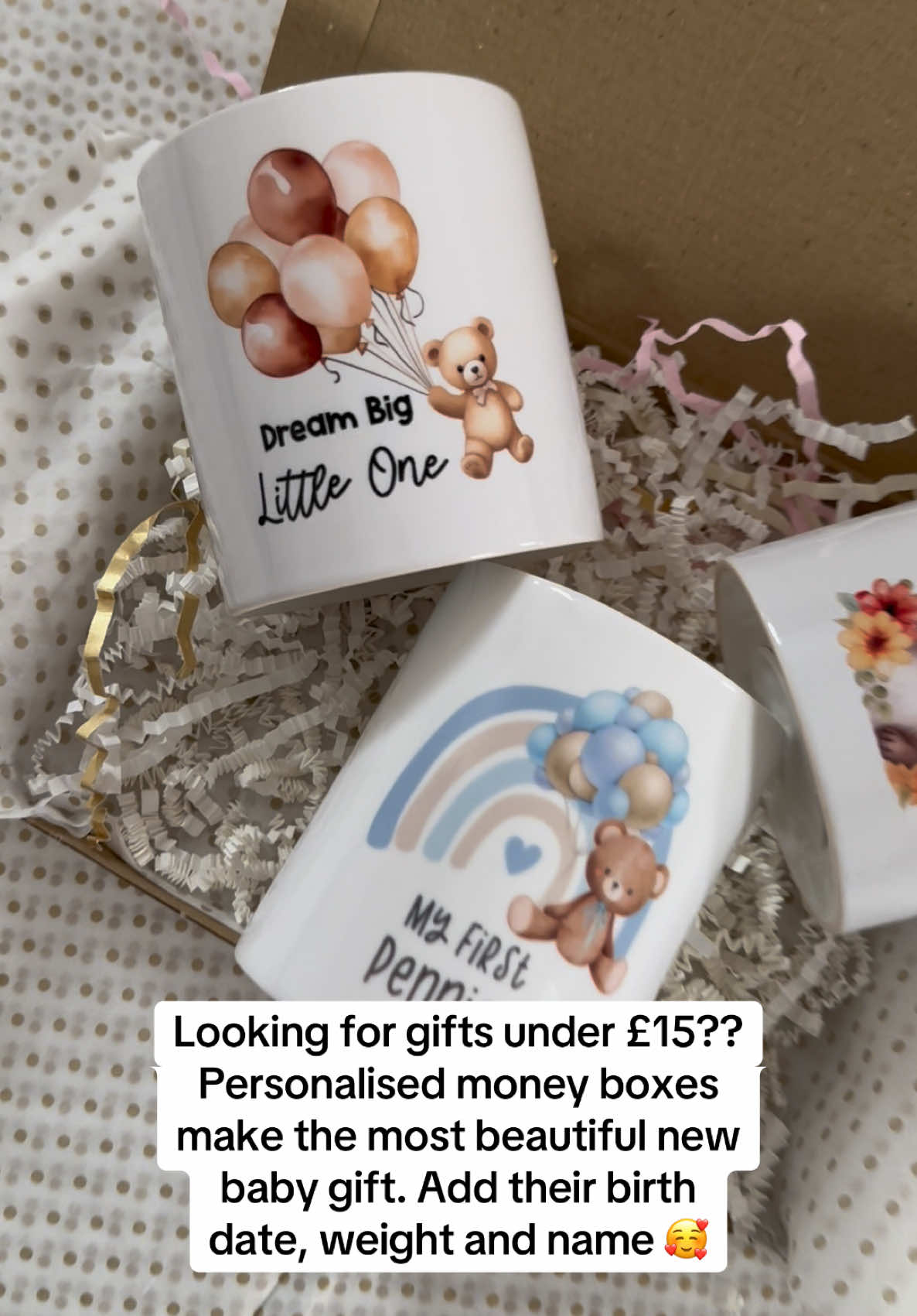 Looking for gifts under £15??Personalised money boxes make the most beautiful new baby gift. Add their birth date, weight and name 🥰 #christmaslist #smallbusinesscheck #fyp #giftsforher #giftsforbaby #giftsforbabyshower #personalisedgifts #womeninbusiness #shopsmall 