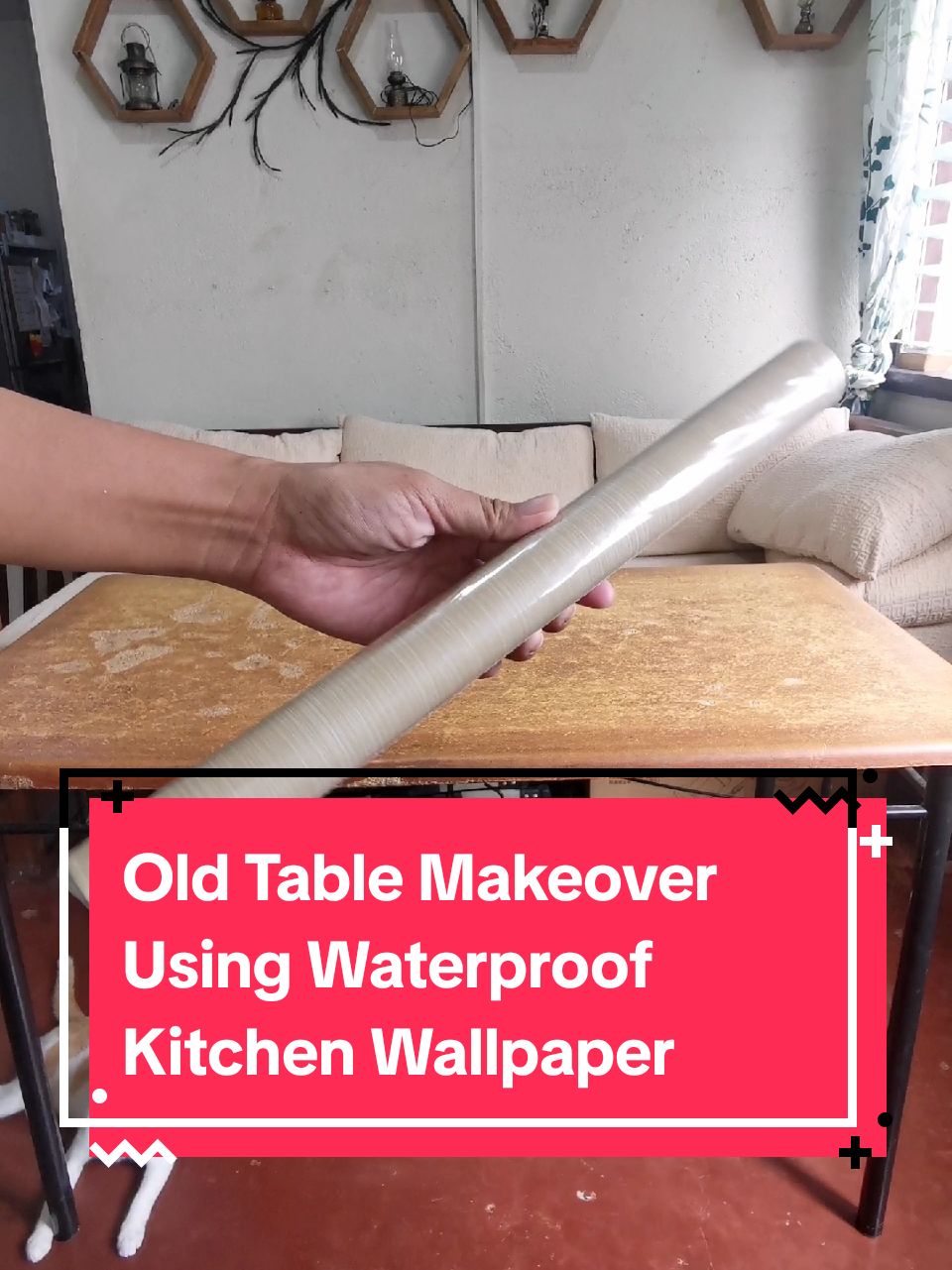 DIY Furniture Makeover using waterproof and oil-proof kitchen wallpaper.  #waterproofwallpaper #oilproofwallpaper #kitchenwallpaper #woodwallpaperdesign #oldtablemakeover #diyfurnituremakeover #homemakeover 