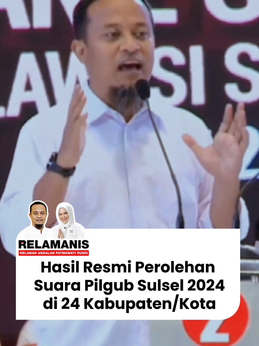 Hasil Resmi Perolehan Suara Pilgub Sulsel 2024 di 24 kabupaten/kota:  Sumber: sulsel.kpu.go.id  #relahati #andisudirmansulaiman #fatmawatirusdi #andalanhati #andalanhatisulsel  #sulselmajudanberkarakter 