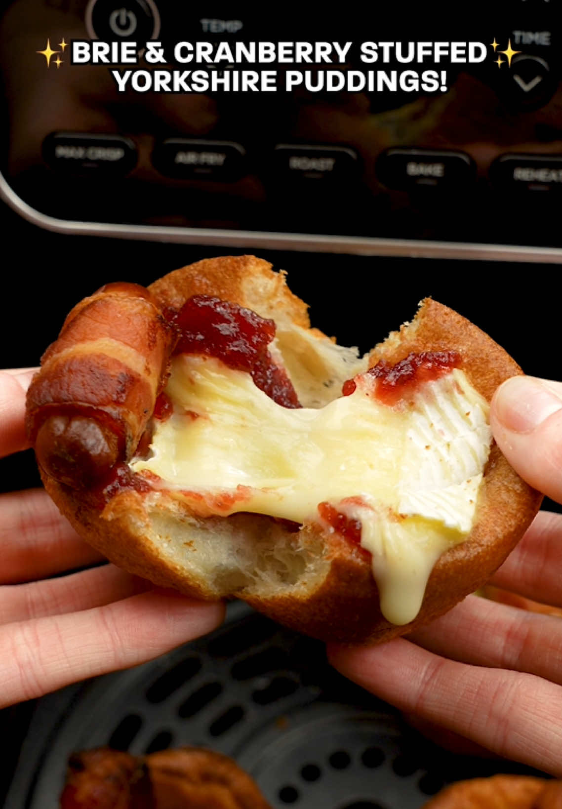 BRIE & CRANBERRY STUFFED YORKSHIRE PUDDINGS 😍❤️ The perfect little snack hack over this festive period...or even after! 🤷‍♀️ If you happen to have some yorkshire puddings leftover from Christmas day! 🎄🎁 ⭐️ Just pre-cook some yorkshire puddings in the oven or air fryer according to the packaging. We just used classic @Aunt Bessie’s. 🎅 Spoon in some cranberry sauce into the bottom of each pud ⭐️ Pop in a slice of bri or camembert and a pig in a blanket 🎅 Air fry for a further 2-3 mins until the cheese has melted & enjoy! ☺️ #airfryerrecipes #christmasparty #FoodTok #foodies #christmasfood #pigsinblankets #comfortfood #festivefood #KitchenHacks #leftovers #cheese 