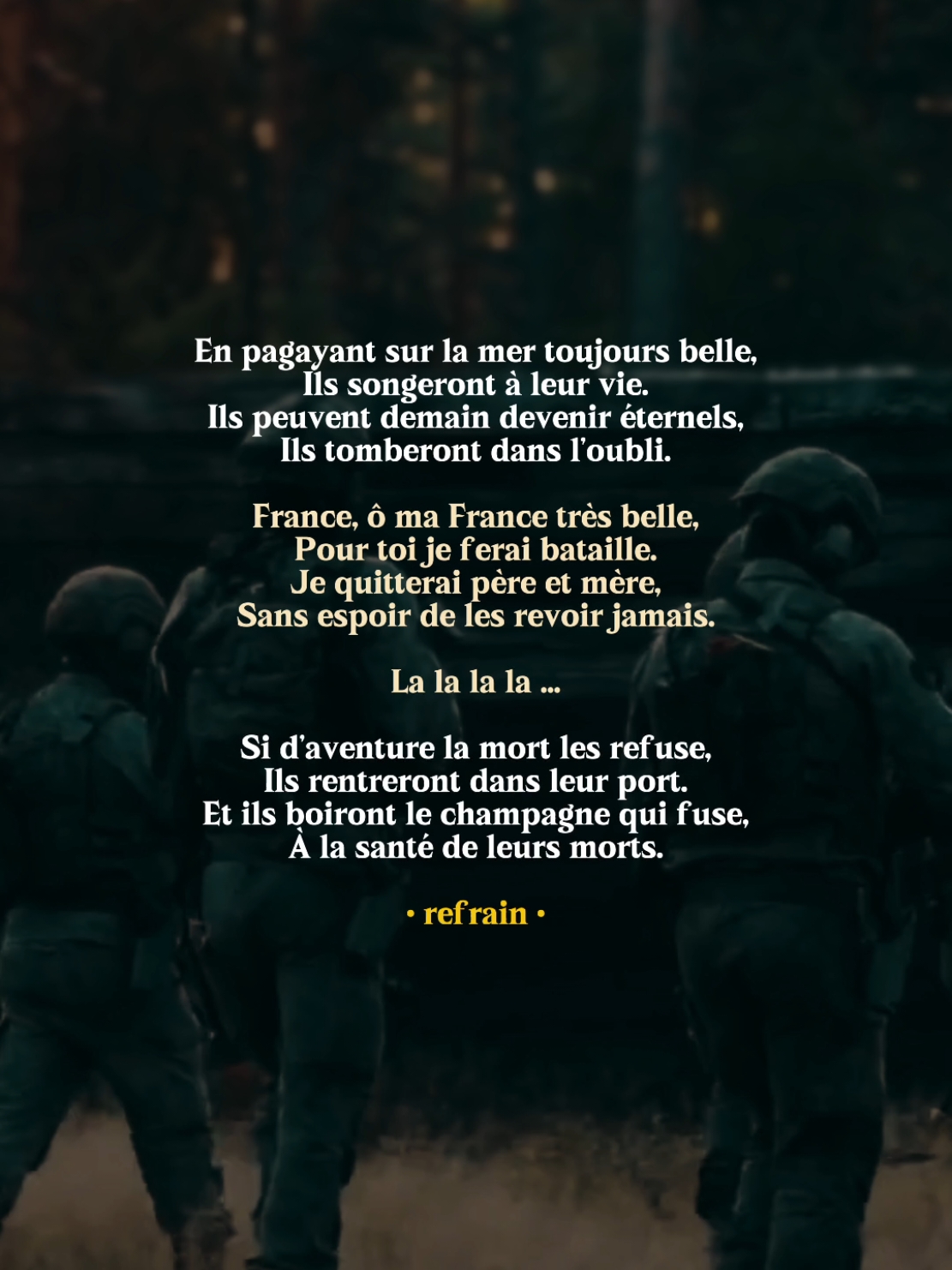 Pour les versions complètes des chants, appuyez sur le : @🪖  Je suis en train de créer une playlist (sur ma chaîne secondaire) qui vous permettra de découvrir et d'écouter en boucle des dizaines de chants militaires et patriotiques. Certains sont très connus, d'autres beaucoup moins. Merci pour votre soutien, 🇨🇵 #chant #militaire #francais #parole #armeefrancaise #armee #commando #forcesspeciales #patriote #chansonfrancaise #france #legionetrangere #armeedeterre #🇨🇵 #pourtoi 