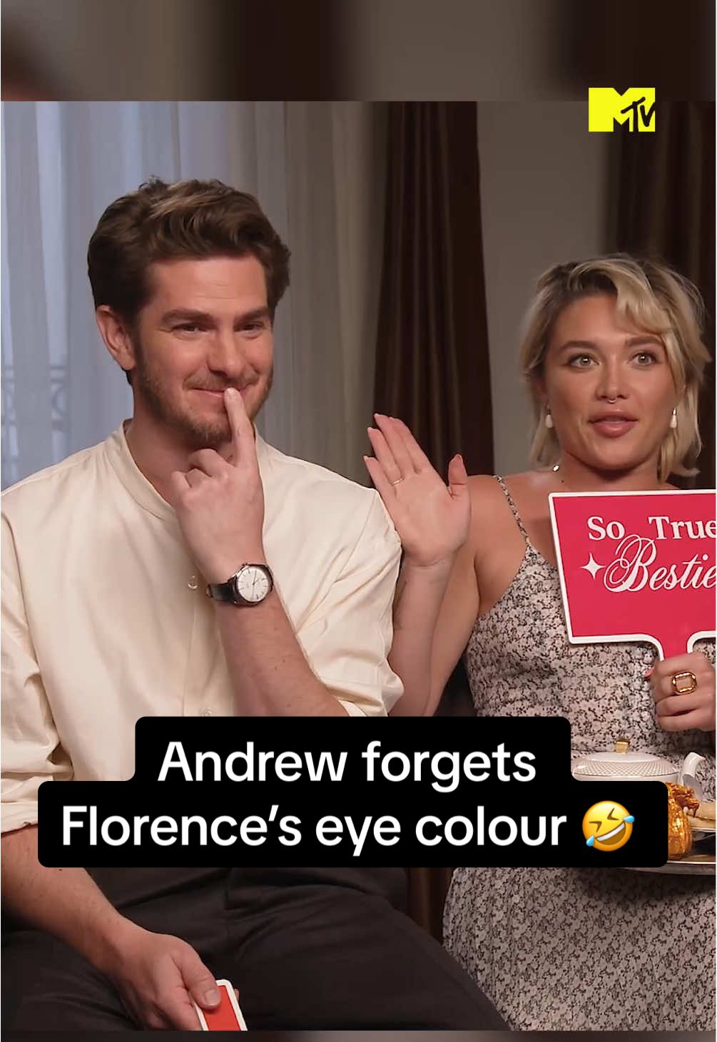 Not Andrew Garfield forgetting the colour of Florence Pugh’s eyes 😭 Watch #AndrewGarfield & #FlorencePugh play a chaotic game of So True Bestie on MTV UK YouTube now!✨ We Live in Time hits UK cinemas January 1st! #MTVMovies #WeLiveInTime #SoTrueBestie #MTVUK #filmtok 