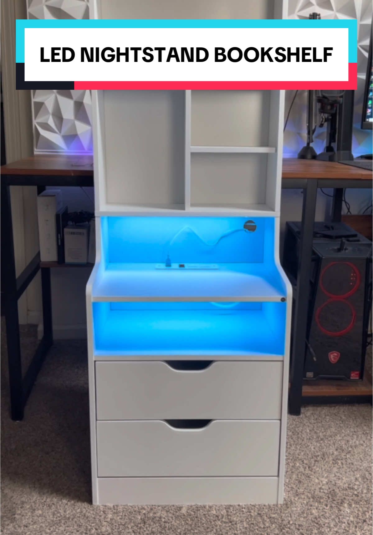 LED Nightstand with bookshelf, drawers, and charging station #nightstand #bookshelf #sidetable #webbtech #spotlightfinds #hiddengems #treasurefinds #holidayhaul #giftideas #christmasgift 