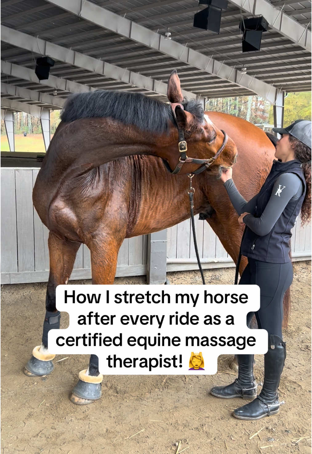 Tips on Stretcing your horse! ⬇️ Why?  - maintains flexibility and full range of motion - better flexibility = more athleticism  - helps speed up muscle recovery and reduce soreness  Why do it after your ride?  - after your ride, your horses, muscles are warm.. - You never want to stretch cold muscles as it is easy to injure them that way. (Pull, strain, tear)  - a good warm-up is best to get your horse warmed up, not stretching prior to riding.  Stretch Routine-  - 3 neck stretches  - Front leg stretches - hind leg stretches - Lateral tail pulls  - tail circles - sacrum release pull  Important!  - never force the stretch, stretches. There will go as far as their flexibility allows. Leg stretches. You don’t want to yank their legs if they can’t do it. Take things slow, take what they give you. They will gain more flexibility with consistent stretching. ##fyppppppppppppppppppppppp##fyp##fypシ゚viral##viraltiktok##horse##giant4yearold##viral##horsetok##equestrian##horses##giant4yearold