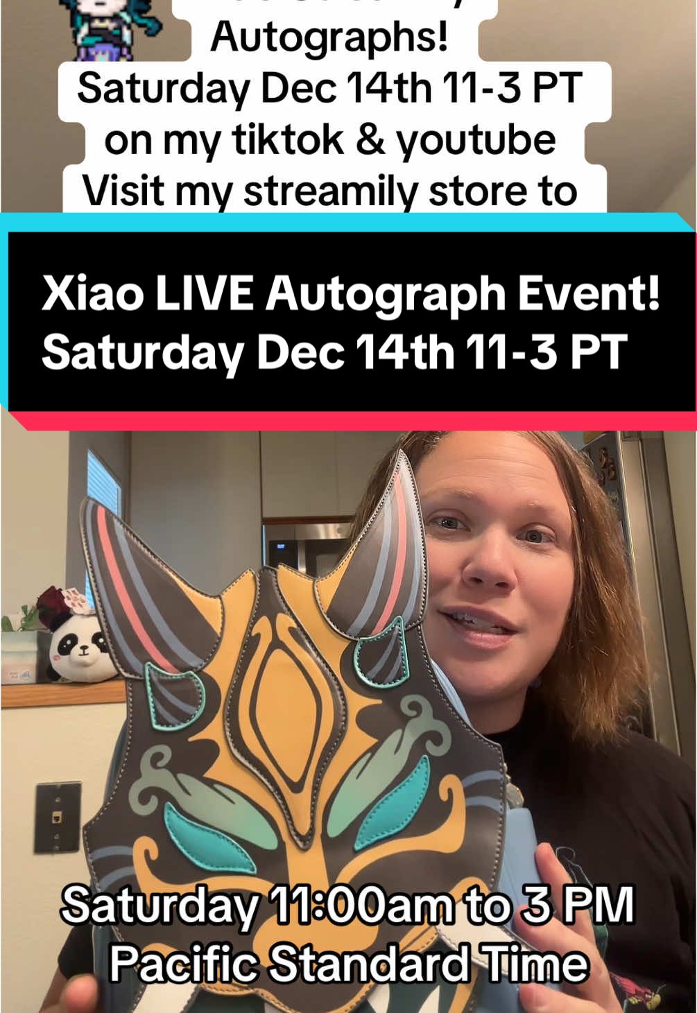 #xiao holiday #livestream #autograph event - One day only! Hope to see you there:0) Visit my streamily store (on my tiktok profile) to order💕 . . . . #backpacks #genshin #genshinmerch #anime #animeva #genshinva #genshintok #streamily @Gacha Garments #voiceactor #voiceacting #holidays #xiaomain #anemo #husbando #uwu #videogames 