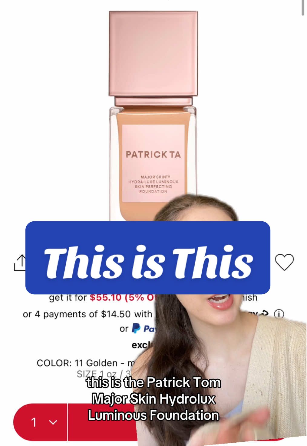 This is this hydrating long wear luminous foundations. The @Catrice Cosmetics true skin foundation ($10) is a dupe for the patrick ta major skin foundation ($58) at almost 1/6 of the price! #thisisthis #makeup #makeupdupe #parrickta #catrice #greenscreen 