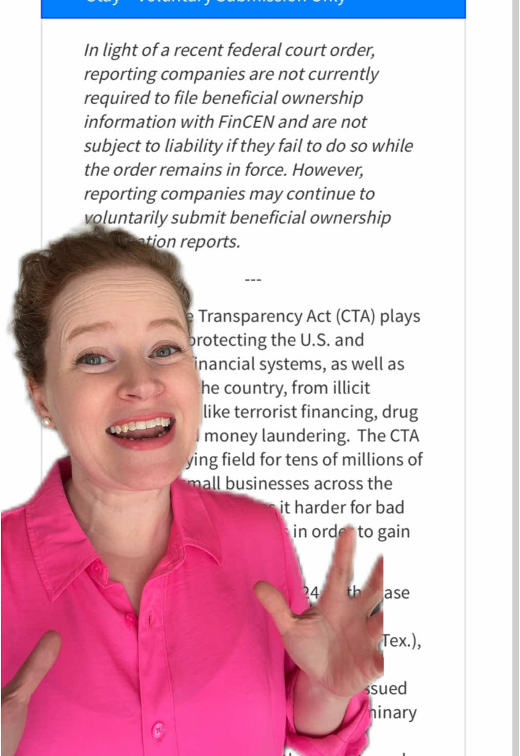 One week after a federal District Court judge in Texas issued a nationwide preliminary injunction blocking enforcement of the Corporate Transparency Act, FinCEN has finally updated its website! 😳👀 Their delay caused a lot of confusion for people who were relying on the *government website* to confirm what they were hearing in the news—or TikTok—about the recent decision! But the effect of the decision is clear, and finally the government website includes an alert to that effect: there are no penalties for failure to file a BOI Report until and unless that injunction is lifted. It is now entirely voluntary to file a beneficial ownership information report, but the portal remains open for those who choose to file anyway, and either don’t want to track the appeals or just prefer the peace of mind of knowing they’re in compliance, even if the law is not currently being enforced. #greenscreen #boireporting #boireport #beneficialownershipreport #beneficialownership #llctips #smallbusinesshelp #abetterbiz #protectyourbusiness #businessattorney #fincen #fincenfiles #beneficialownershiphelp #beneficialownershipinformation #smallbusinessadvocate #corporatetransparencyact 