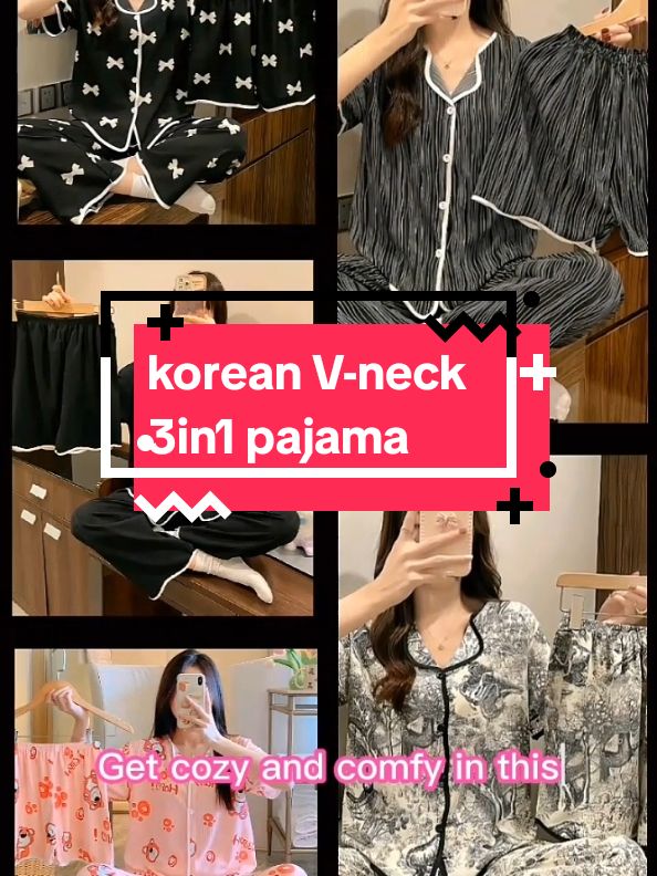 Korean V-neck 3 in 1 pajama sleepwear set #pajama #pajamaforwomen #vneckpajamas #3in1pajama #rn8888shop #newtrend 