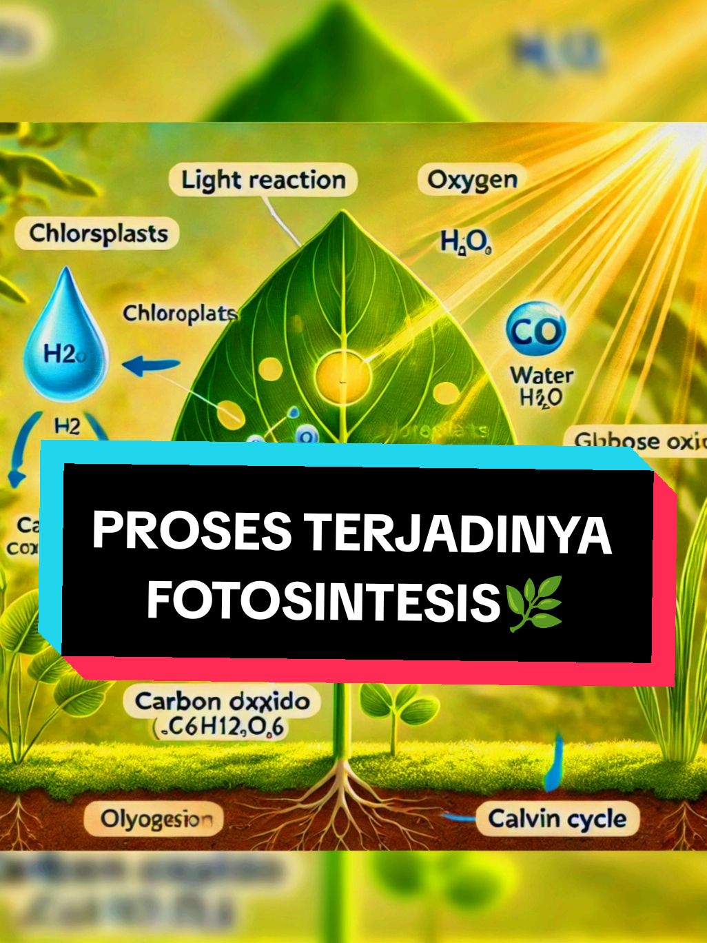 Fotosintesis adalah proses biologis yang dilakukan oleh tumbuhan hijau, alga, dan beberapa jenis bakteri untuk menghasilkan makanan (glukosa) dengan bantuan cahaya matahari, karbon dioksida (CO₂), dan air (H₂O). Proses ini berlangsung di kloroplas, yang mengandung pigmen klorofil. Klorofil ini berperan menyerap cahaya matahari. Proses Fotosintesis Fotosintesis terdiri dari dua tahap utama: 1. Reaksi Terang (Light Reaction) Terjadi di membran tilakoid kloroplas. Menggunakan cahaya matahari untuk memecah molekul air (fotolisis) menjadi oksigen (O₂), proton (H⁺), dan elektron (e⁻). Energi dari cahaya diubah menjadi energi kimia berupa ATP (adenosin trifosfat) dan NADPH. 2. Reaksi Gelap (Siklus Calvin) Terjadi di stroma kloroplas. Tidak memerlukan cahaya langsung, tetapi menggunakan ATP dan NADPH dari reaksi terang. Karbon dioksida (CO₂) difiksasi menjadi gula sederhana (glukosa) melalui serangkaian reaksi enzimatis. Rumus Fotosintesis Artinya, 6 molekul karbon dioksida dan 6 molekul air dengan bantuan cahaya menghasilkan 1 molekul glukosa dan 6 molekul oksigen. Pentingnya Fotosintesis Fotosintesis penting karena: Menghasilkan oksigen yang diperlukan makhluk hidup untuk bernapas. Menyediakan sumber energi (glukosa) bagi tumbuhan dan organisme lain. Menyeimbangkan kadar CO₂ di atmosfer. #gofhistory  #semogafyp #fyp #prosesterjadinyafotosintesis #fotosintesis #proses #tumbuhan #viral #terjadinya #penjelasan #semugabermanfaat😉👍