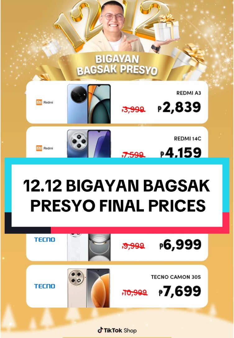 12.12 BIGAYAN BAGSAK PRESYO IS HERE 🎁 Prepare for the BIGGEST DISCOUNTS on TECNO, XIAOMI, POCO, REALME, TURBO FANS, CHOCOLATES, AQUAFLASK, HEADPHONES, POWERBANKS at maraming pang iba!🔥 Register na para di kayo agad maubusan ng vouchers and STOCKS are only LIMITED! SAVE THE DATE TOMORROW! 12.12 AT 6PM! MAG REGISTER NA KAYO DYAN SA LIVE EVENT SA COMMENTS! ✅ All units are BRAND NEW AUTHENTIC AND SEALED! With 1 Year Official Warranty! 💳 Payment Options: COD, GCcash/GGives, Credit Card, Debit Card, Paymaya, TikTok Paylater