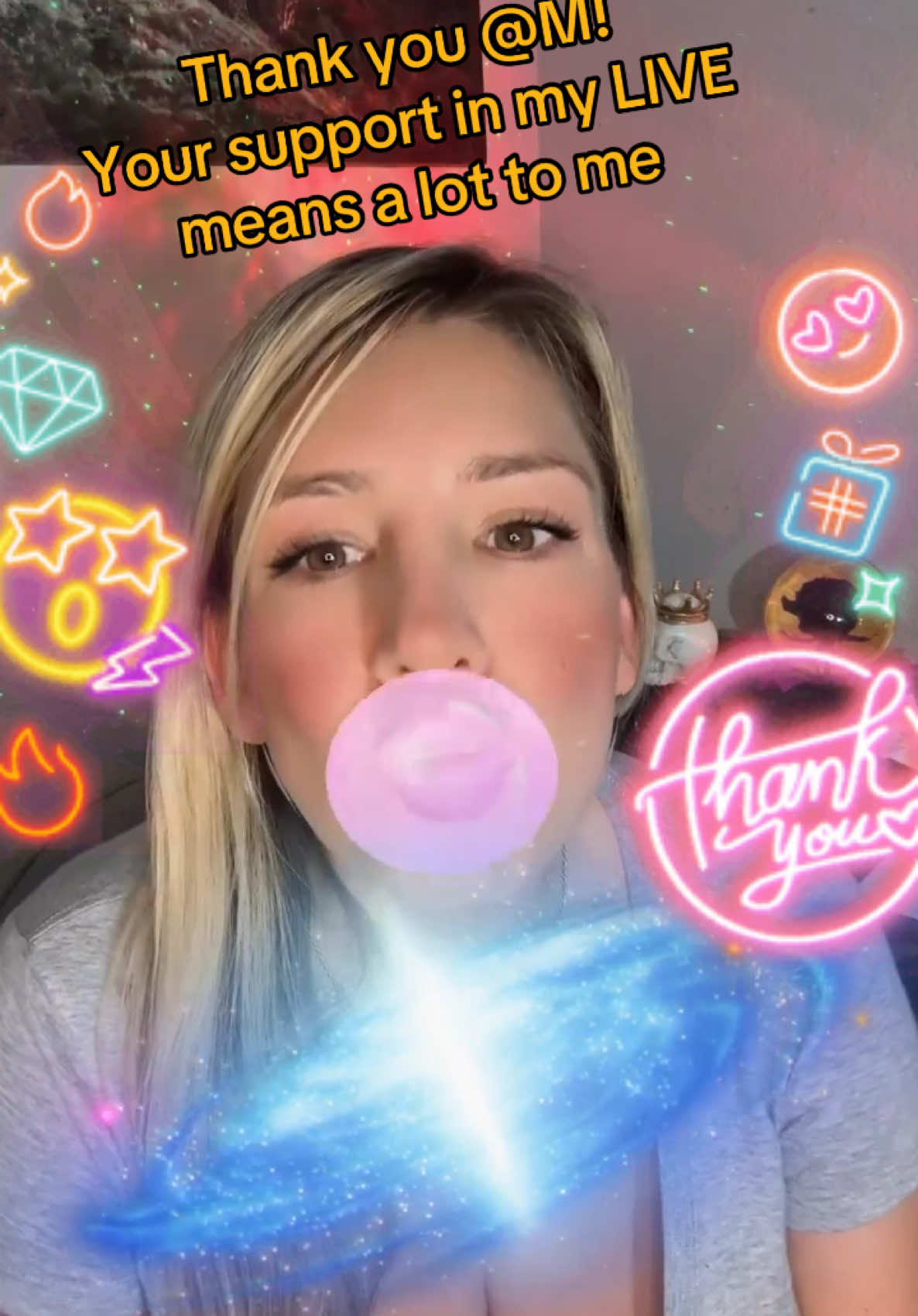 M, thank you for the incredible support in my LIVE & Making Me Feel .#Glamorous! I will keep creating better LIVE content!@M #livegift #bubblegum #handheart #galaxy 💋 #DoubleGifter #ChatKing 