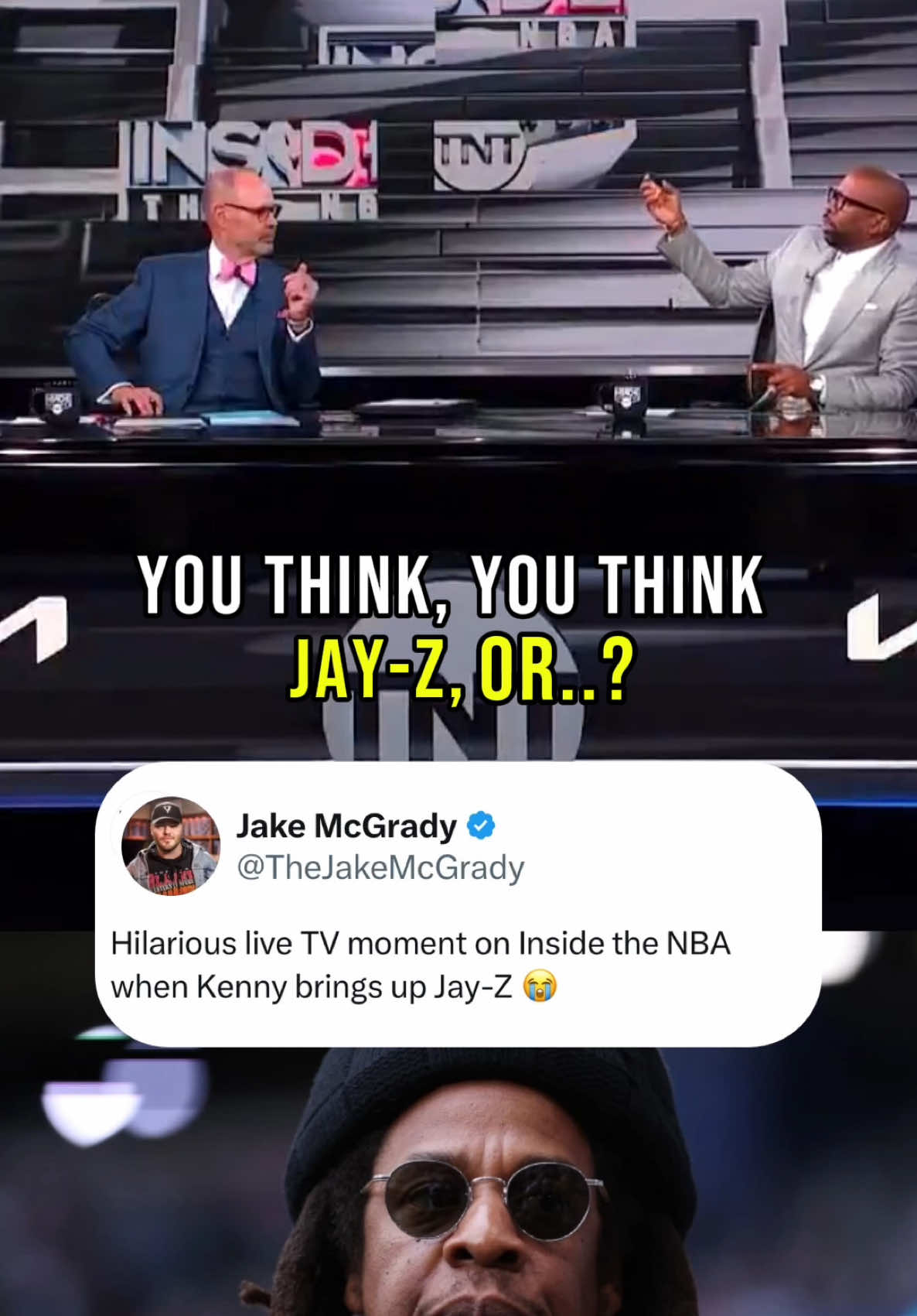 Inside the NBA crew reacts to Kenny bringing up Jay-Z live 🤣 (@NBA on TNT) #insidethenba #NBA #jayz #shaq #shaquilleoneal #kennysmith #charlesbarkley #shaqtinafool #diddy #nbabasketball #nbatiktok #nbatok #nbameme #nbamemes #nbafunny #nbafunnymoments #nbafyp #nbacontent #nbafans #nbafan #jakemcgrady 