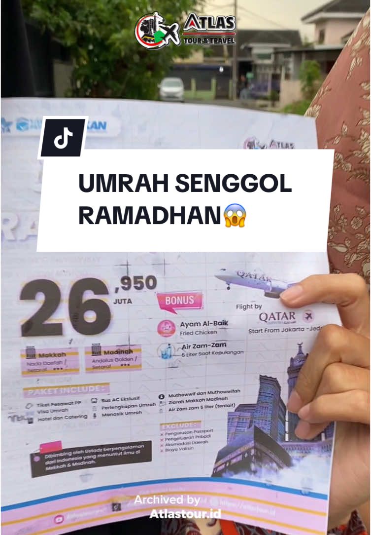 Pahala umroh dibulan Ramadhan setara dengan ibadah haji menurut hadits Nabi, yuk amankan segera seat kamu‼️ Kuota terbatas😇✨ “Lakukanlah haji dan umrah secara berturut (entah haji dulu lalu umrah, atau sebaliknya), karena keduanya dapat menghapus kefakiran dan dosa sebagaimana ubub membersihkan besi, emas dan perak, dan haji mabrur hanya akan diganjar dengan surga.” (HR. At-Tirmidzi) Semoga semuanya dimudahkan untuk bisa berangkat Ke Baitullah✈️🕋 info lengkapnya, klik link di bio ya✈️ #umroh #umrohmurah #umrohhemat #mekkah #mekkahmadinah #madinah #madinah #paketumroh #atlastourandtravel 