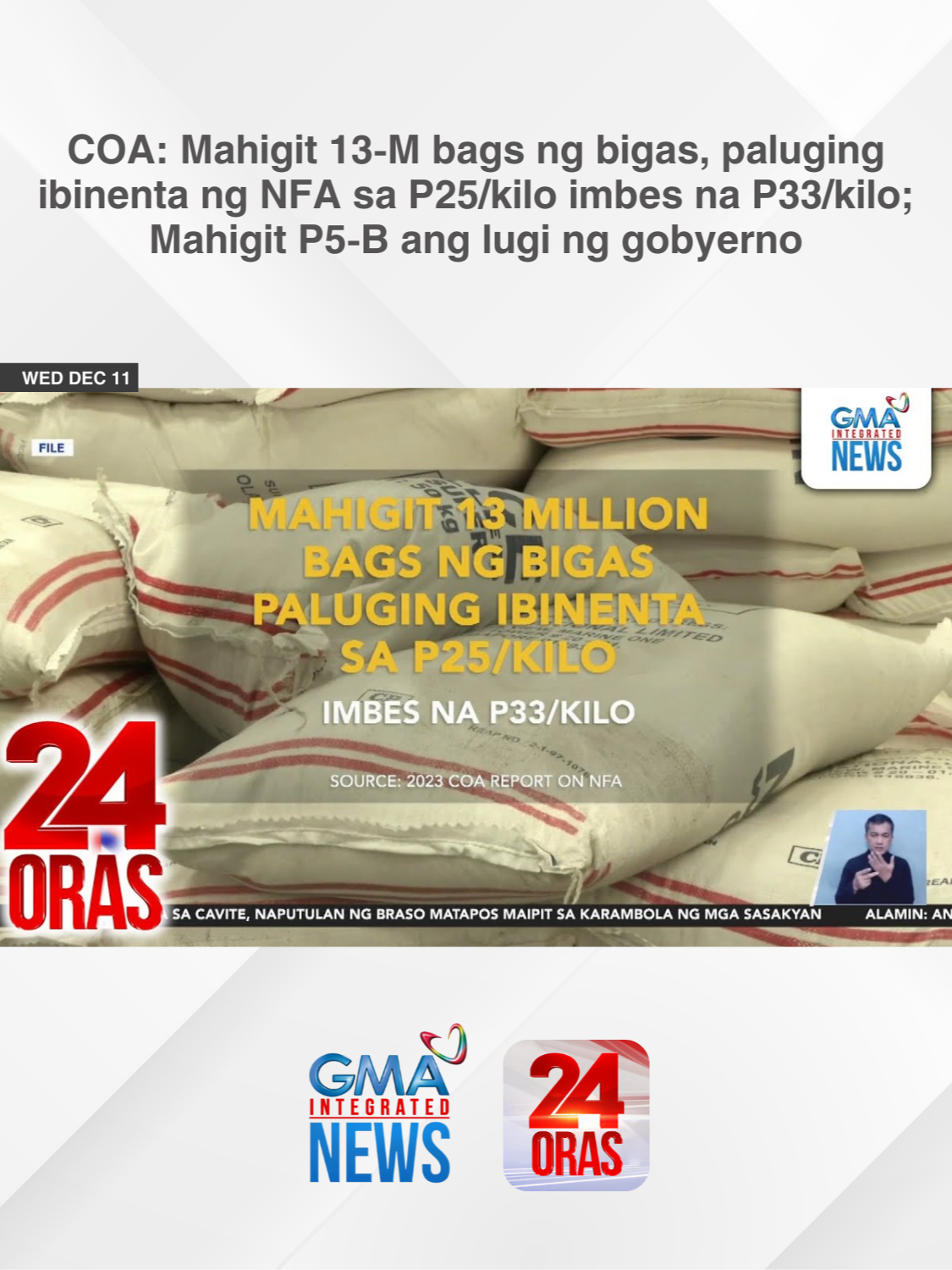 Pinuna ng Commission on Audit ang mahigit limang bilyong pisong lugi ng gobyerno dahil sa paluging pagbebenta sa bigas ng National Food Authority o NFA noong 2019 hanggang 2023. Kinulang pa raw ng buffer stock ng bigas kahit hawak na ng NFA ang siyam na bilyong pisong pondo pambili ng palay. | 24 Oras #BreakingNewsPH #GMAIntegratedNews #24Oras