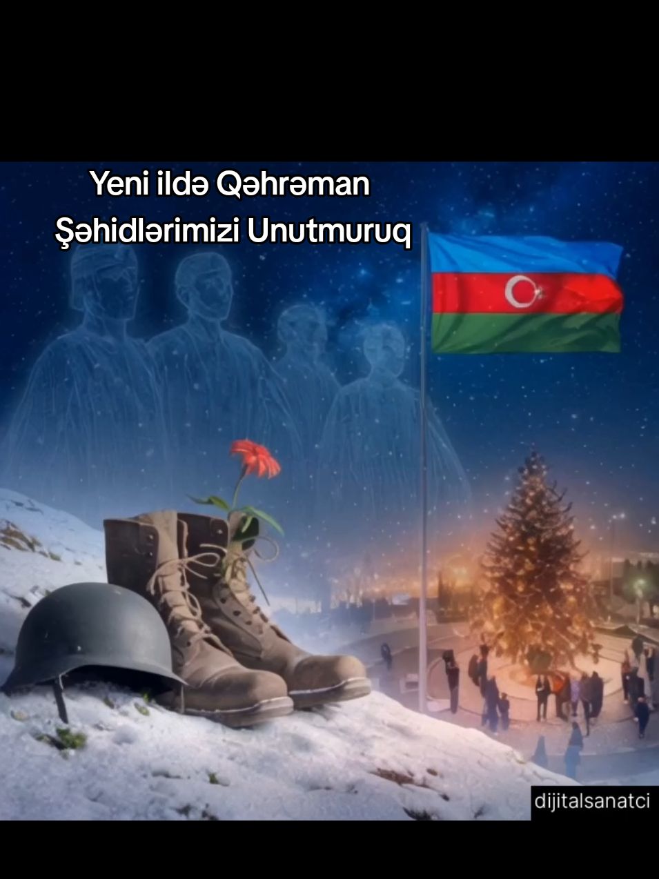 Yeni ildə Qəhrəman Şəhidlərimizi Unutmuruq Yeni ilin sevinci ilə birlikdə Şəhidlərimizin xatirəsini hər zaman ürəyimizdə daşıyırıq. Bu müqəddəs torpaqlar uğrunda canından keçmiş Qəhrəmanlarımız bizə azadlığımızı və suverenliyimizi bəxş etdilər. Onların yoxluğu bayram sevincimizi tam edə bilməsə də, ruhları hər zaman bizimlədir, ulduzlar qədər parlaq və əbədi. Bir tərəfdə, Vətən torpaqlarında dalğalanan üçrəngli bayrağımız və Şəhidlərimizin qoyduğu izlər – hərbi çəkmələr, dəbilqələr, qardan boylanan qırmızı bir çiçək. Digər tərəfdə isə ailələrin, dostların birlikdə keçirdiyi yeni il sevinci. Bu görüntü bizə həm Vətənə bağlılığı, həm də gələcəyə olan ümidlərimizi xatırladır. Şəhidlərimiz qəlbimizdə daim yaşayır və bizi qorumağa davam edir. Bu yeni ildə onları unutmadan, birliyimizi və gücümüzü qorumaq hər birimizin borcudur. Qəhrəmanlarımızın fədakarlığı ilə gələcəyə inamla baxaq. Yeni iliniz mübarək olsun! DijitalSanatci