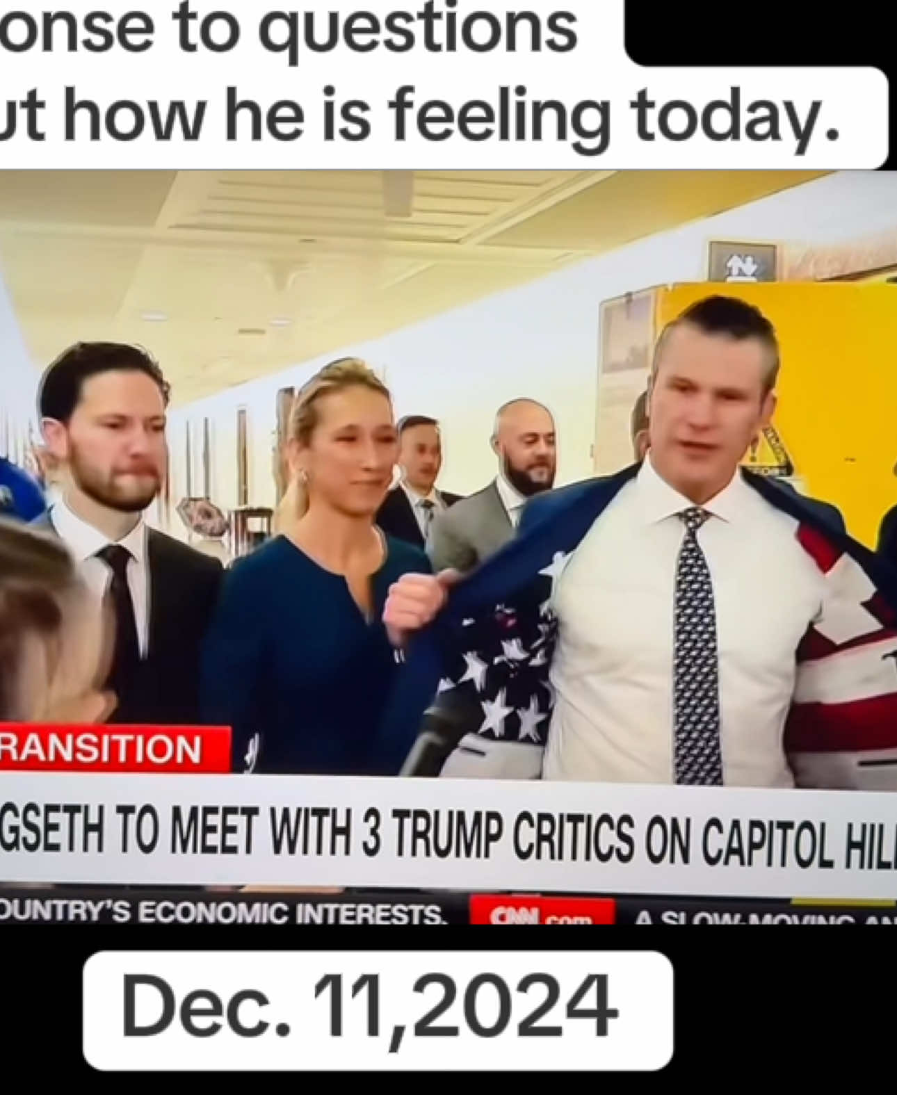 Dec. 11, 2924- “This is how I feel today,” said Former @FoxNews “talking head” #PeteHegseth as he opened his jacket revealing red,white and blue stripes. He is still making the rounds talking with #Republican senators who are not 100% on supporting him to become Trumps Secretary of Defense.  #Trump #politics #military  @CNN 