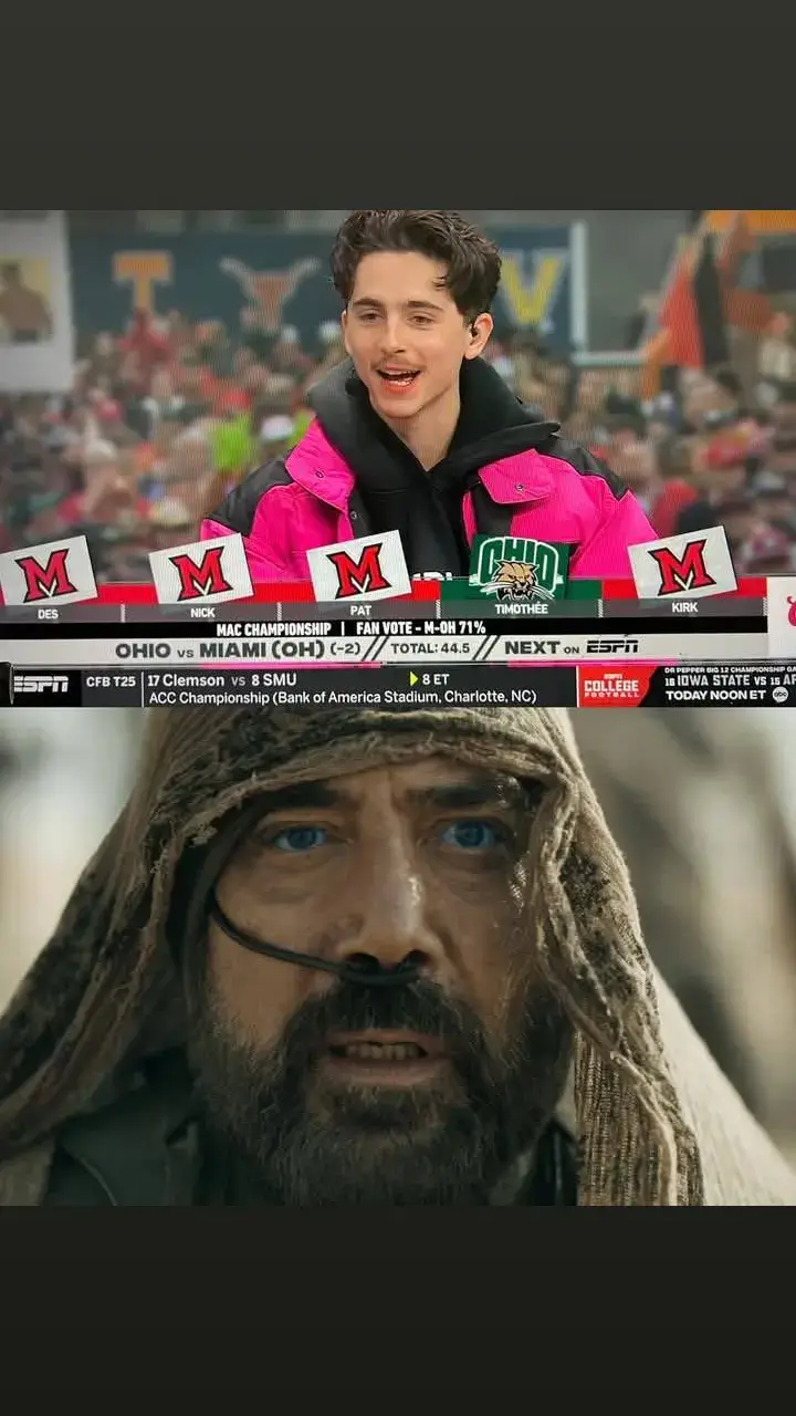 Timothée Chalamet fue invitado al programa College GameDay (Futbol Americano) y fue el único que eligió a Ohio para vencer a Miami Ohio gano 38-3 contra Miami