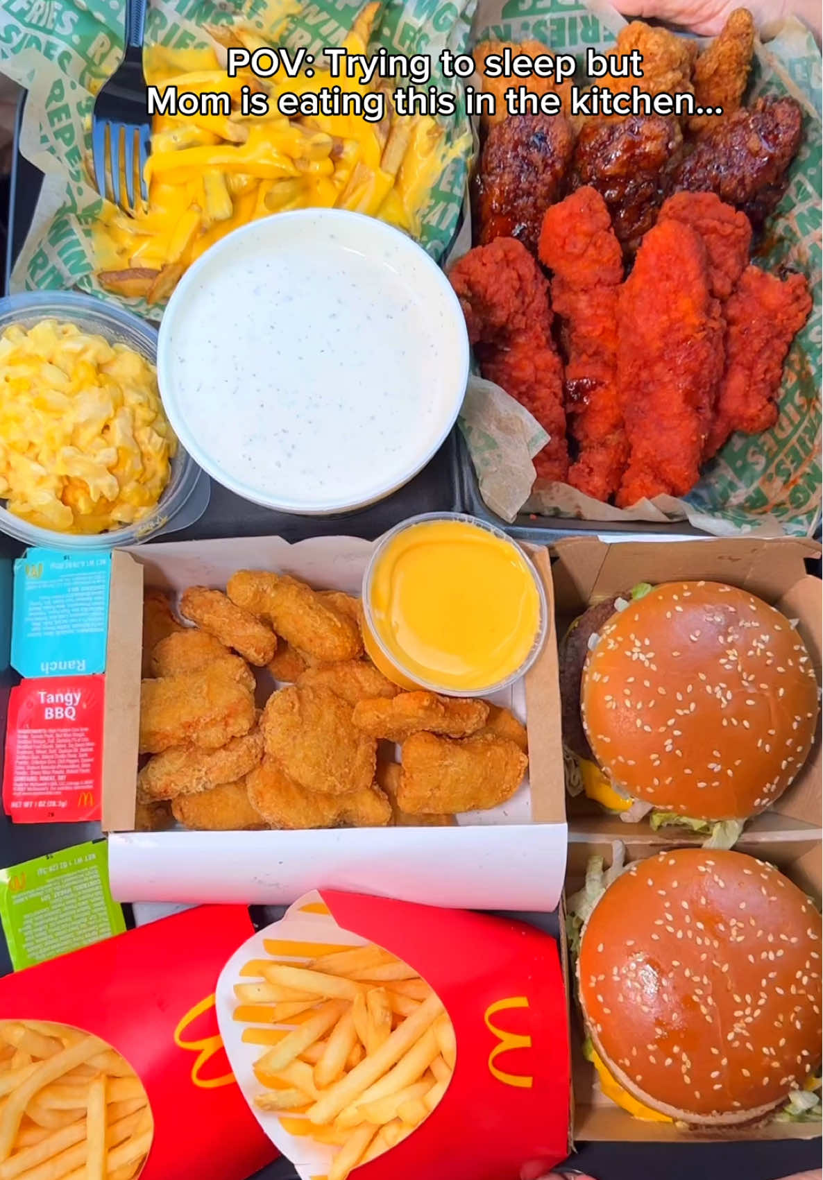 Trying to sleep but mom is eating Wingstop and McDonald’s with special dessert… #food #eating #mukbang #wingstop #chicken #burger #ranch #cheese #asmr #fries #satisfy 