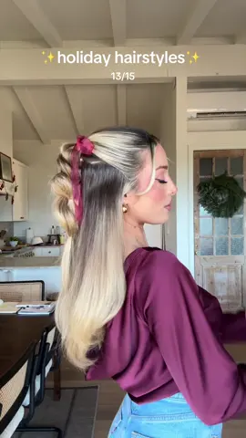 I know it looks complicated 🙈 but just split the main pony in two sections. then as you “braid” always split the top section in half. Always pull the bottom section up and connect the split pieces around the pulled through piece to form a little buble braid basically! #holidayhairstyle #hairstyle #cutehairstyle #cutehairideas #hairtok #hairinspo #braid 