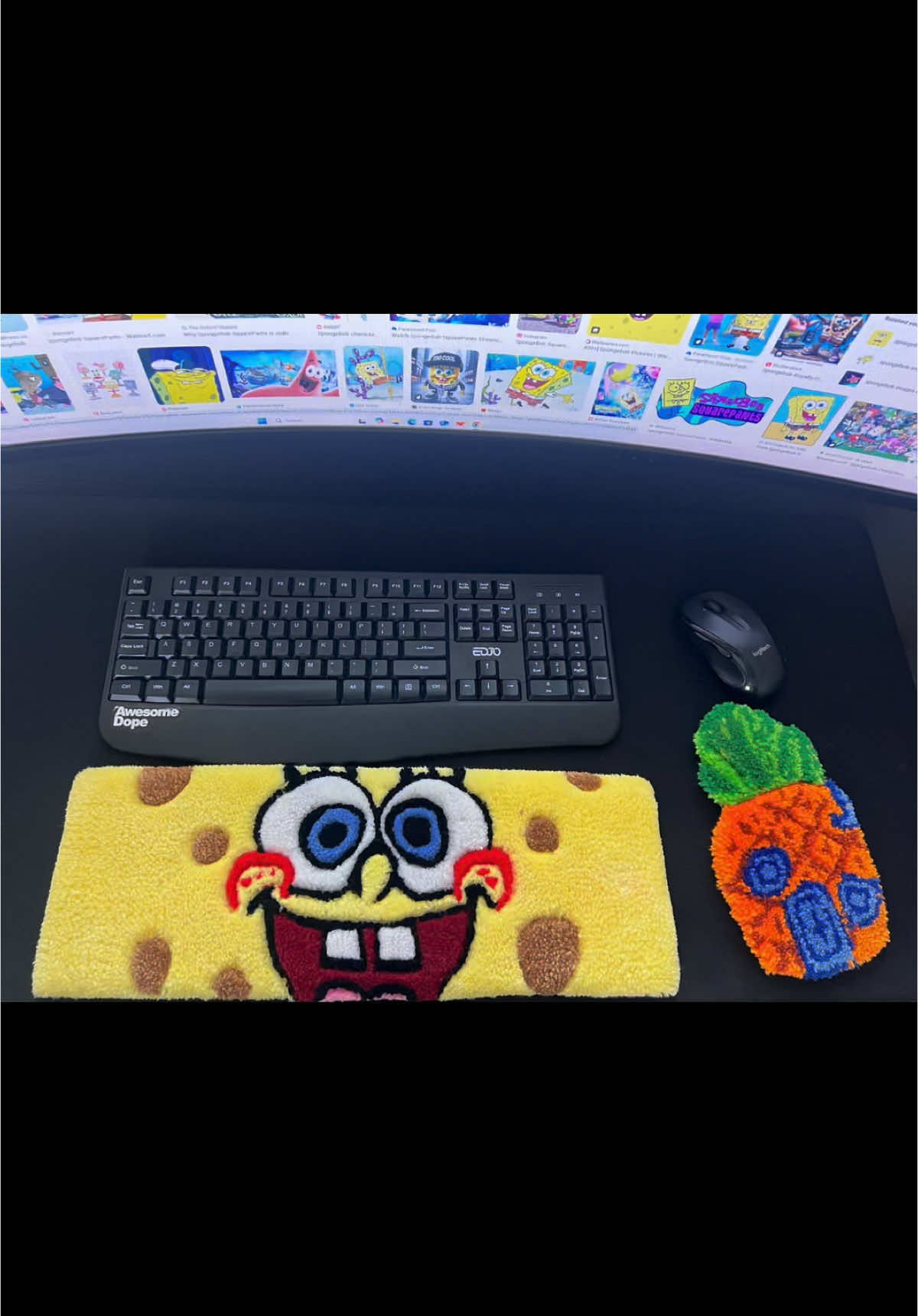 Spongebob keyboard/mouse rug combo #homedecor #tufting #handmadeart #artgallery #wallart #customrugs #handmadetuftedrugs #handmade #asmr #fyp #spongebobsquarepants #stitch #boondocks #garfield