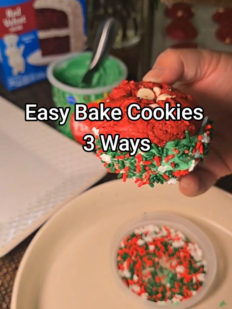 Easy Bake Cookies from a cake Recipe 👇 1 Box @Pillsbury Cake Mix 2 eggs ⅓ cup cooking oil Chocolate Chips  Frosting and Sprinkles Mix well, stir in Chips and pop into the fridge for 15 minutes.  preheat oven 350°F scoop onto parchment paper and place cookie sheet in oven Bake 12-14 minutes cool before decorating Happy Baking  #bakinghacks #cakemixcookies  #creatorsearchinsights #easyfoodrecipes  #cookiedecorating  #bakingchristmas 