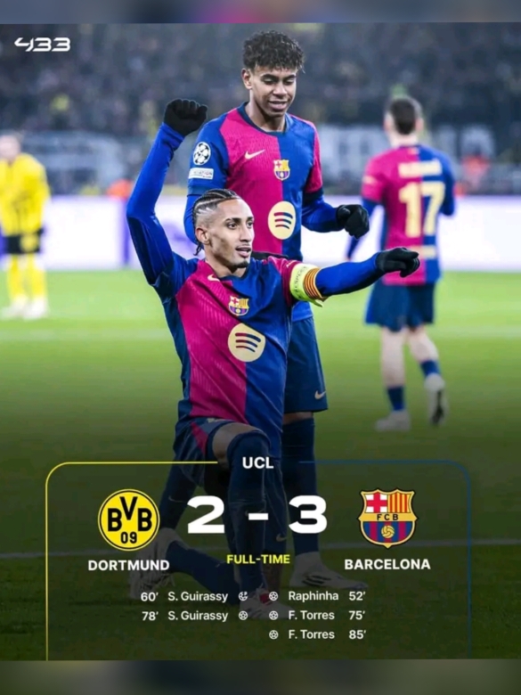 🚨 BOUM ! Le Barça s'impose 3-2 face à Dortmund grâce à un doublé de Torres et se QUALIFIE pour la phase finale de la LDC ! 👏💙❤️Premier MVP Pour Yamal en Ligue des champions 😍💙❤Lamine est élu homme du match 🏆#culers #culersforlive🔵🔴 #follow #followformorevideo #barcelona #viscabarca🔴🔵 