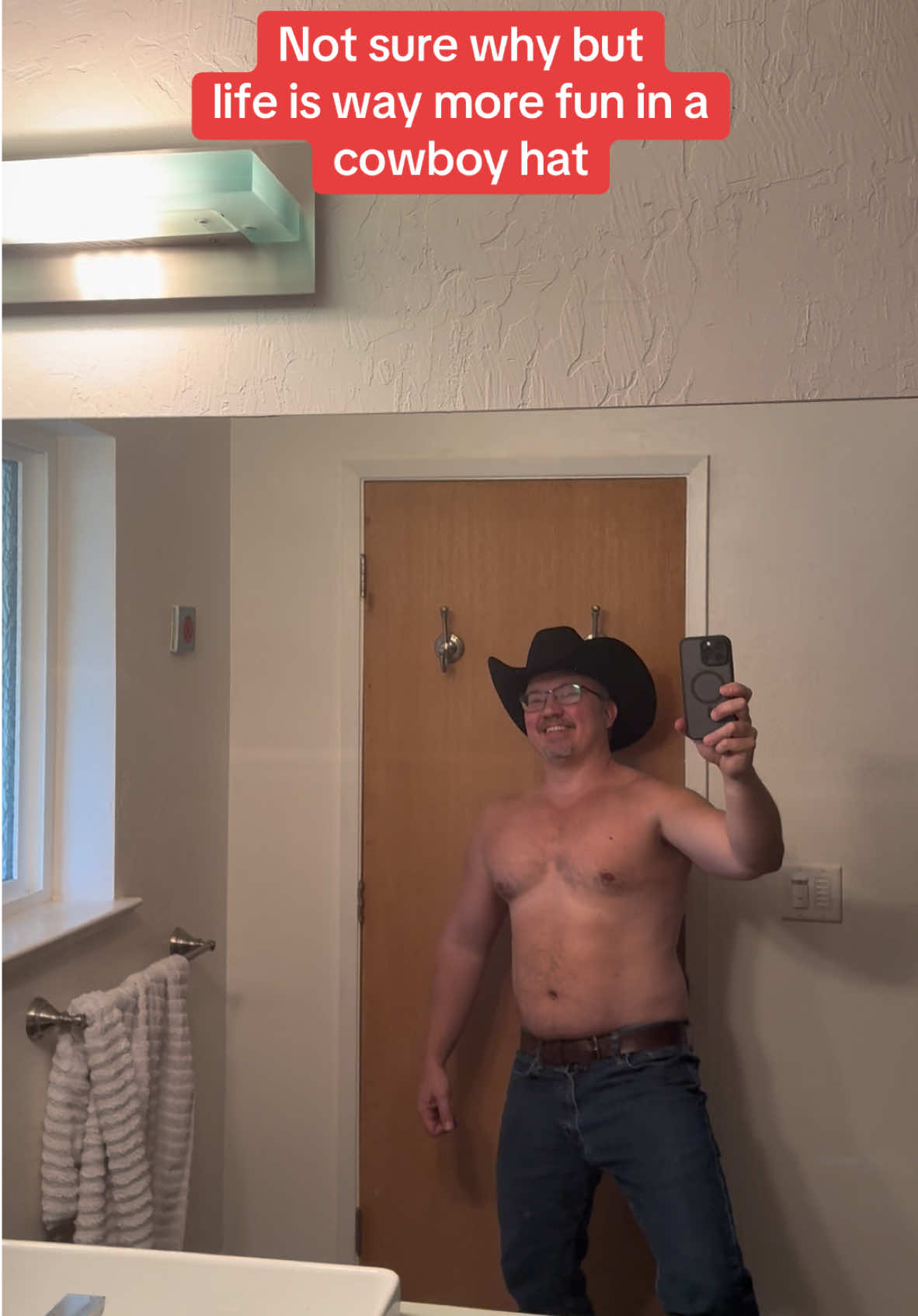 Don’t know why, I just have more fun in a cowboy hat #scruffy #belly #cowboy #muscle #over40 