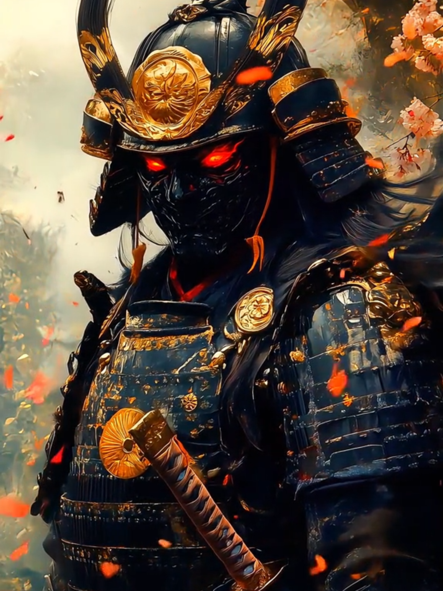 4K Live Wallpaper : Unleash the mystical power of this legendary samurai oni warrior! ⚔️🦋 Clad in black and gold armor, with glowing red eyes and a fearsome oni mask, he stands tall as cherry blossoms fall around, adding a touch of beauty to this intense scene. Witness the perfect blend of elegance and power. 🌸🔥 #livewallpaper4k #midjourney #livewallpaper #4k #Epic #Powerful #2024 #midjourneyart #samurai