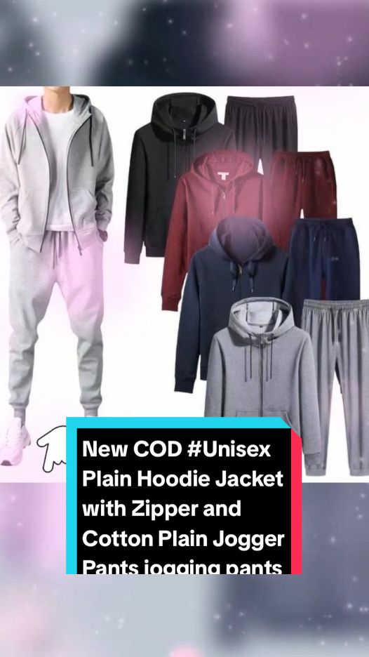 New COD #Unisex Plain Hoodie Jacket with Zipper and Cotton Plain Jogger Pants jogging pants Terno Menswear Overalls Suits Man Trouser Longsleeve Only ₱250 pesos! Don't miss out! Tap the link below! #hoodiejacketwithjoggerpants #menswear #TikTokShop #TikTokFashion #tiktokaffiliate #tiktokph #tiktokfinds #LearnOnTikTok 