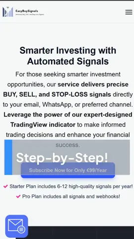 Step by Step! After subscribing, we will add the email address and phone number you provided to our distribution list. As soon as our TradingView indicator detects a buy signal, you’ll receive a notification. This notification includes the stock, the suggested stop-loss, and a direct link to eToro or other supported brokers. Take a close look at the stock and decide how much capital you want to invest. You can either close the trade automatically with a stop-loss or take-profit order or wait for the next notification and handle it manually. If you’re using CFDs, make sure to calculate the leverage and stop-loss correctly. Example: 2% multiplied by a leverage of 5 equals 10%. Similarly, 5% equals 25% profit or loss. As a Pro user, you can upgrade for €200 per month to access our system and create your own webhooks, enabling automated actions through your broker. In another video, I’ll explain in detail how this works. Ready? Subscribe now at easybuysignals.com for the Starter package and receive 6-12 BUY signals per year!