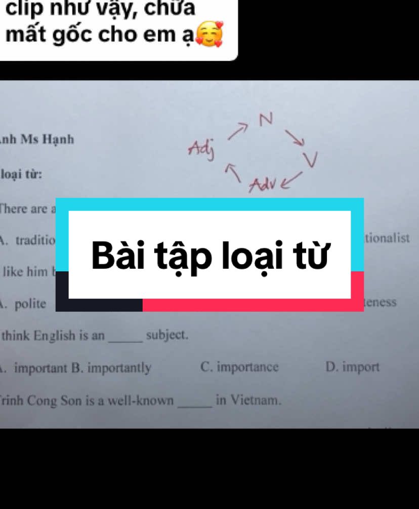 Trả lời @giao quang Mẹo làm bài tập loại từ cho các bạn mất gốc nhé #hoctienganh #tienganhmshanh #laygoctienganhmshanh #LearnOnTikTok #nguphaptienganh #tienganhcoban #tienganhmatgoc 