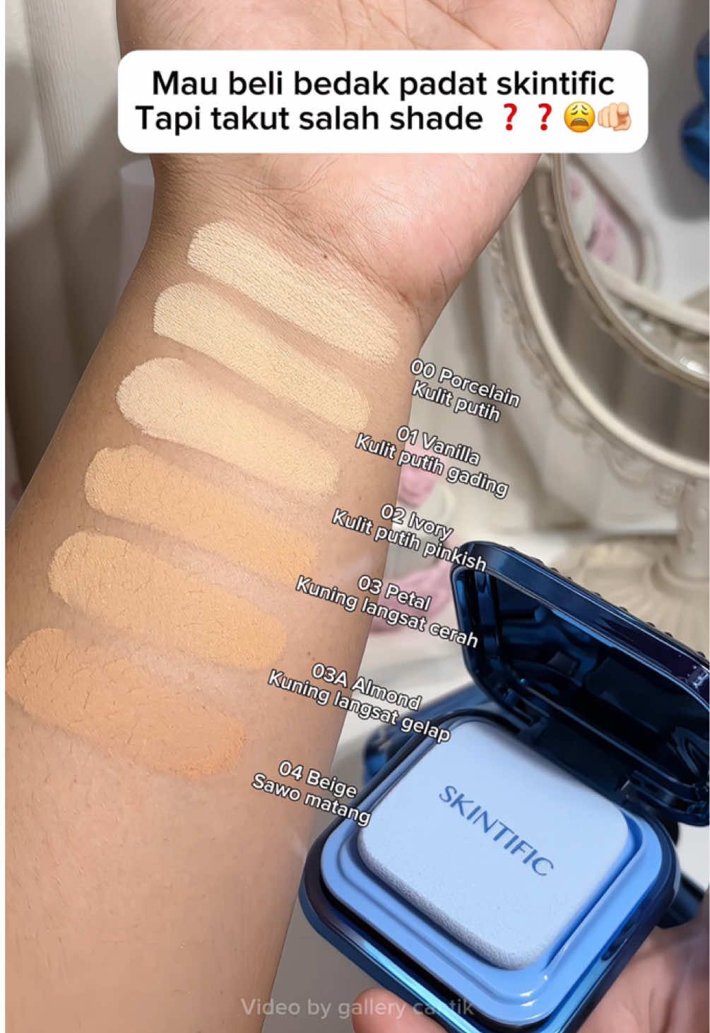 Swatches semua warna bedak padatnya skintific nih 🥰 tentukan shade sesuai skintonemu yaah 😍🫶 #skintificpowderfoundation #powderfoundationskintific #bedakpadat #twowaycake #skintific 