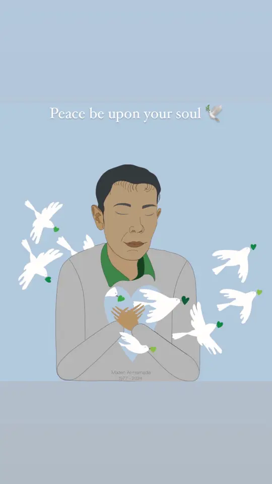 Peace be upon your soul ... Despite the sadness that filled his face, it radiated peace and tranquility... May God have mercy on his soul. I wish I could have seen his tired, brown face and known how he looked when smiling and rejoicing in a great victory ... His image is etched in my imagination this way. I love to picture him like that, and I feel he is now in heaven, smiling and at peace 🕊️🥹💚… Drawn by: maes allababedi #مازن_حمادة #سوريا 