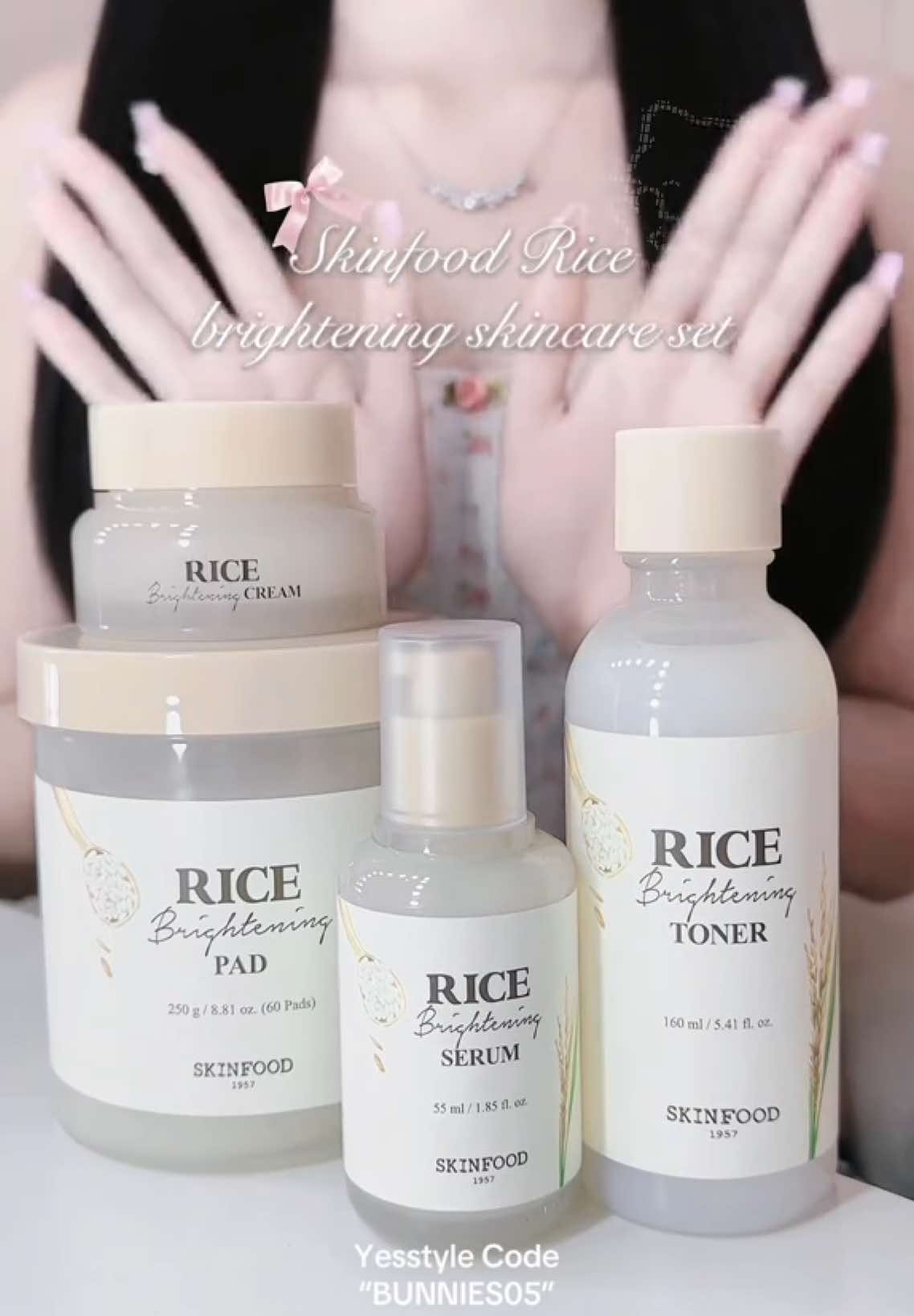 white skincare routine from @skinfood_global 🍥💗🫧  hello kitty nails from @Em🪷  get these on yesstyle too using  code “BUNNIES05” to get -$$ #skincare #routine #kbeauty #koreanskincare #cosmetics #white #riceskincare #skinfood #fyp #foryou #foryoupage #exlpore #wonyoungism 