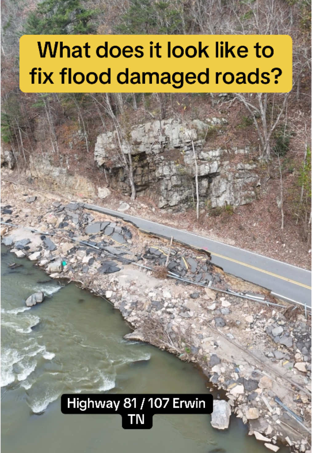 Baker’s Construction Services contracted by TDOT is working to rebuild highway 81/107 in Erwin TN.  #excavation #earthmoving #construction #bluecollar #road #dozer #excavator #truck #tractor #helene #flood #flooding #constructionlife #heavyequipment 